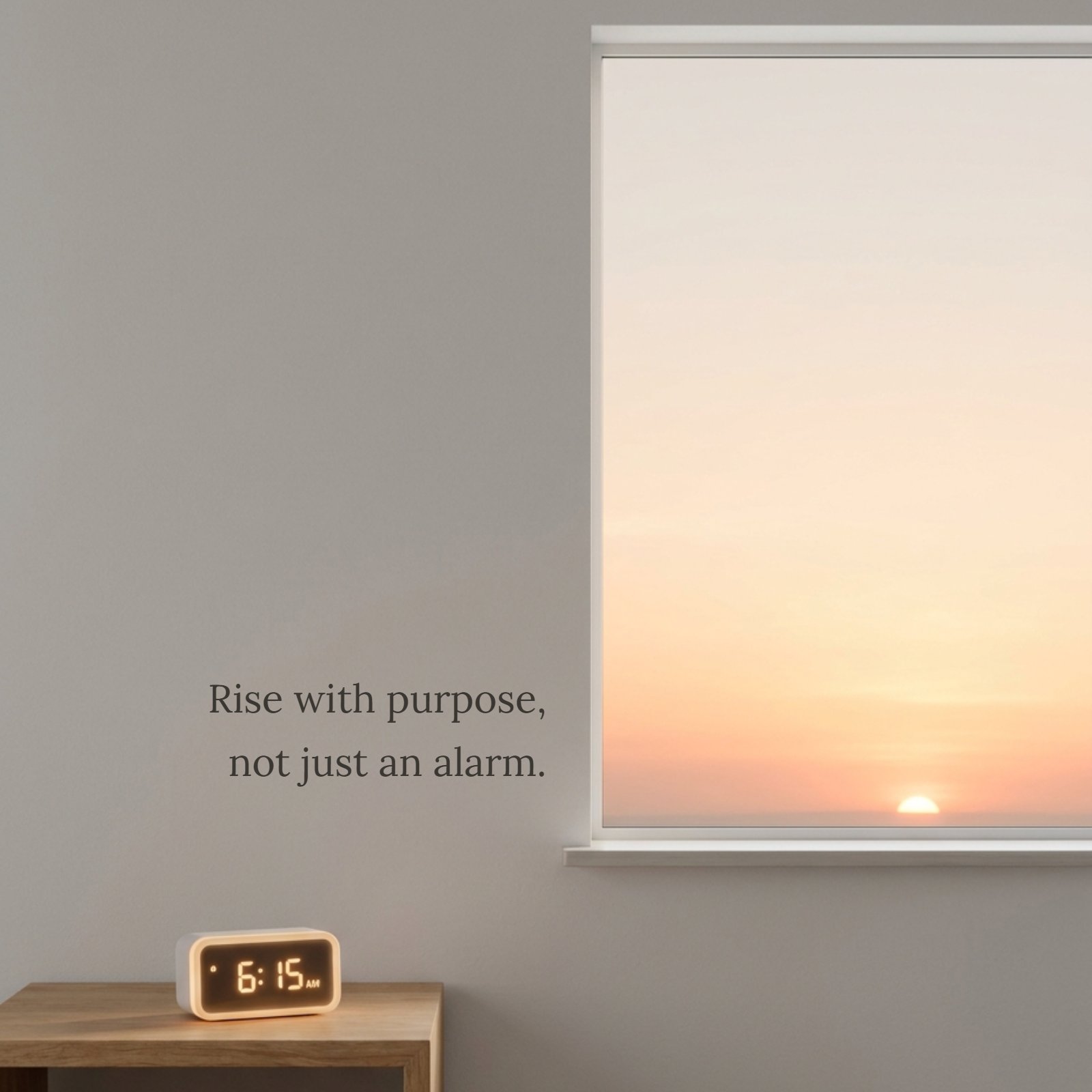 A minimalist photo features a small, soft-glowing digital alarm clock on a wooden table. Beside it, a large, plain window reveals a peaceful, soft-focus sunrise over the horizon. The quote 'Rise with purpose, not just an alarm' is centered in the ample negative space.