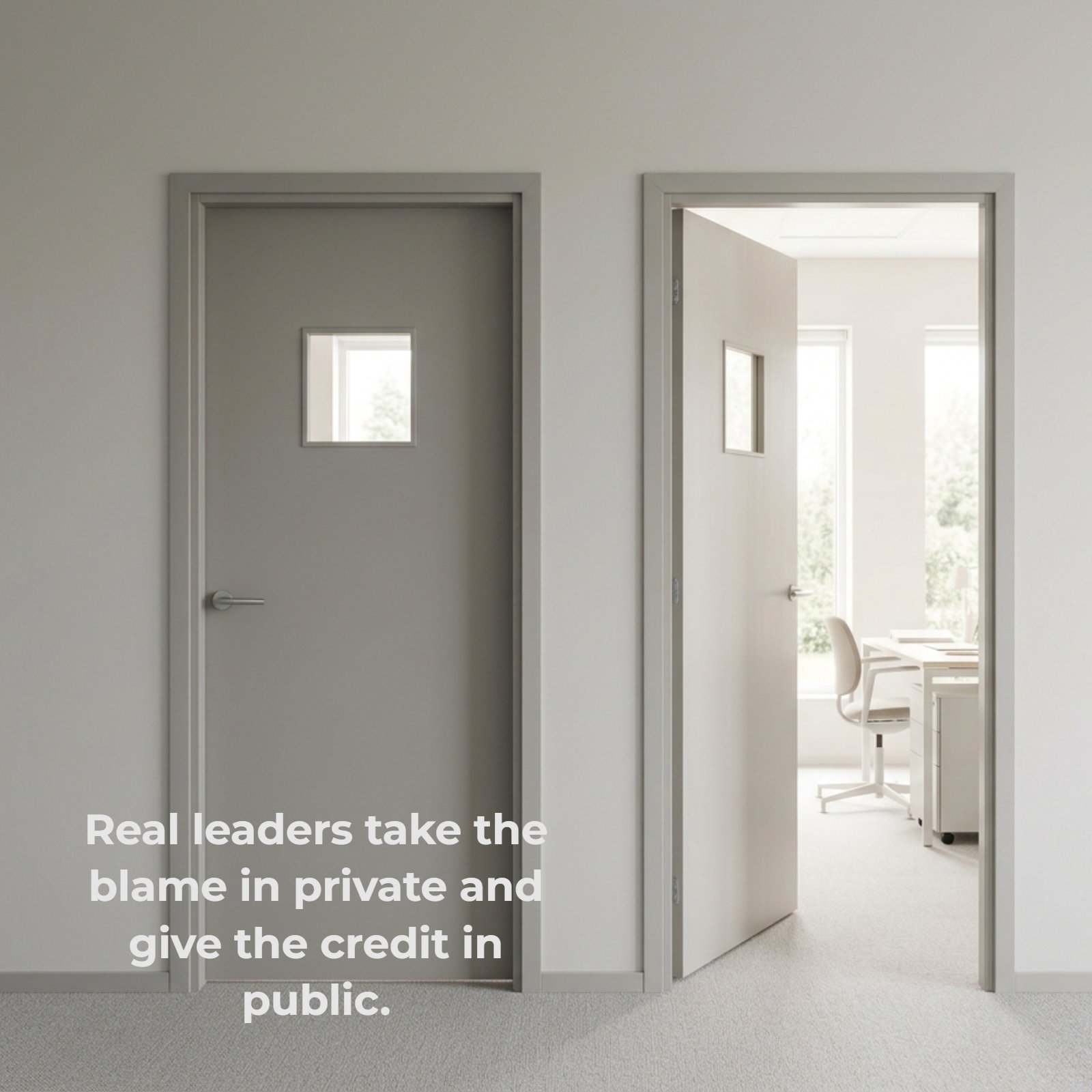 A clean photograph showing a closed office door next to an open door leading to a bright, sunlit room. The quote 'Real leaders take the blame in private and give the credit in public.' is written in clear text on the wall.