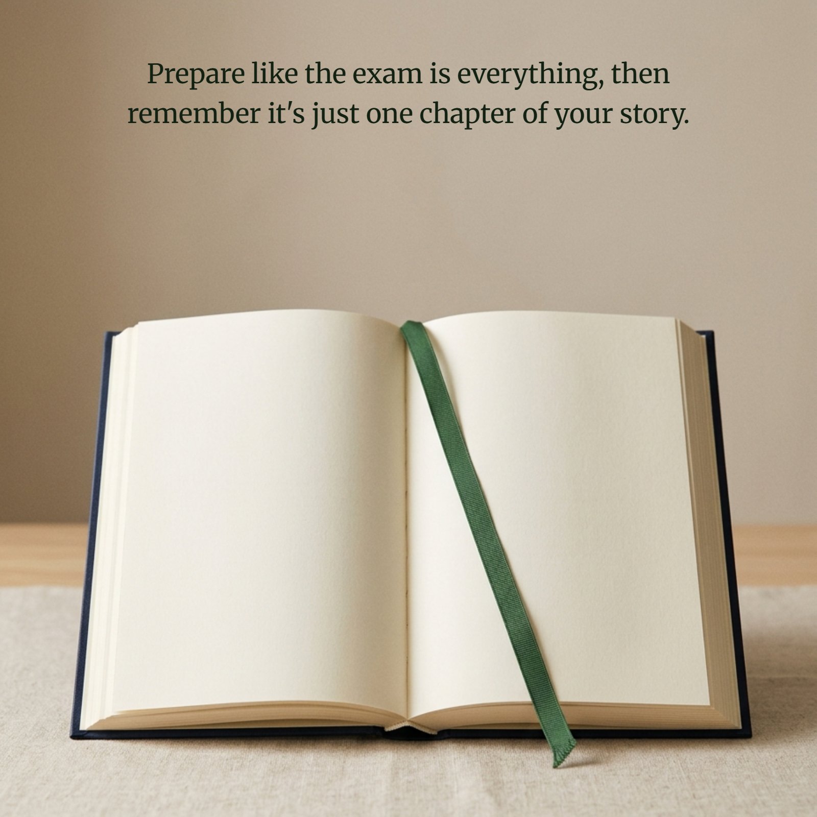 An open, blank hardcover notebook with a green ribbon bookmark rests on a textured cloth surface against a neutral background. Overlaid on the pages is the quote: 'Prepare like the exam is everything, then remember it's just one chapter of your story.'
