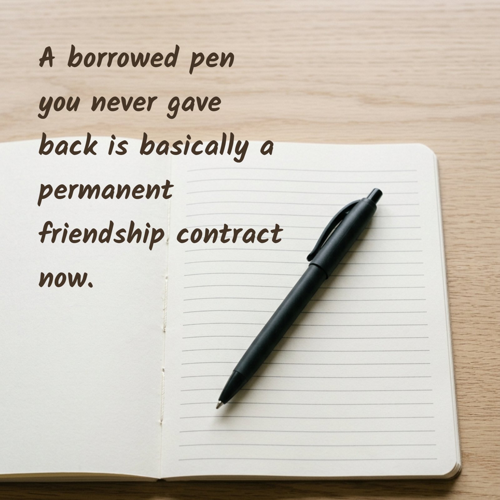 A minimalist vertical photo of a plain black pen resting diagonally on an open lined notebook, featuring the humorous student quote: A borrowed pen you never gave back is basically a permanent friendship contract now.
