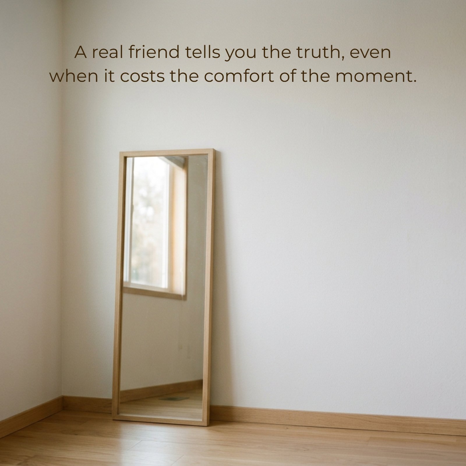 Minimalist 1:1 photograph of a single leaning mirror reflecting light in an empty room, featuring the superimposed quote: A real friend tells you the truth, even when it costs the comfort of the moment.
