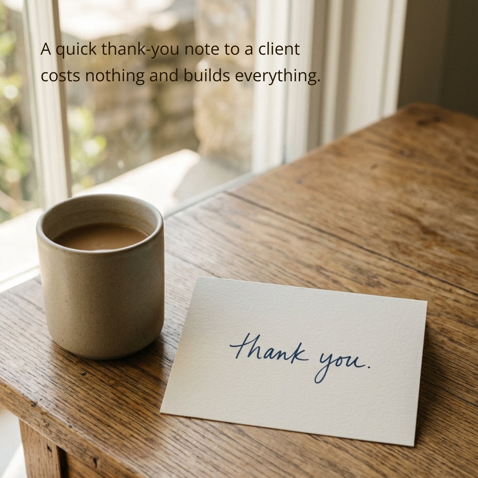 A minimalist desk flat lay featuring a plain coffee cup and an unwritten thank-you note. The quote “A quick thank-you note to a client costs nothing and builds everything.” is superimposed over the image in clear, thin sans-serif font.