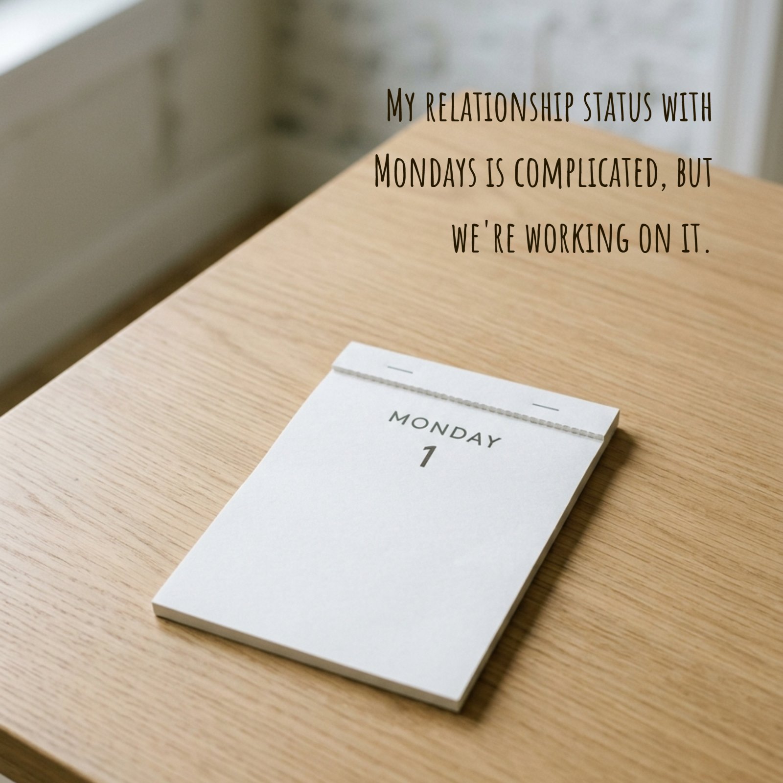 A minimalist desk flat lay featuring a single paper calendar page with the word Monday visible. The page has ample white space where the quote "My relationship status with Mondays is complicated, but we're working on it." can be written.