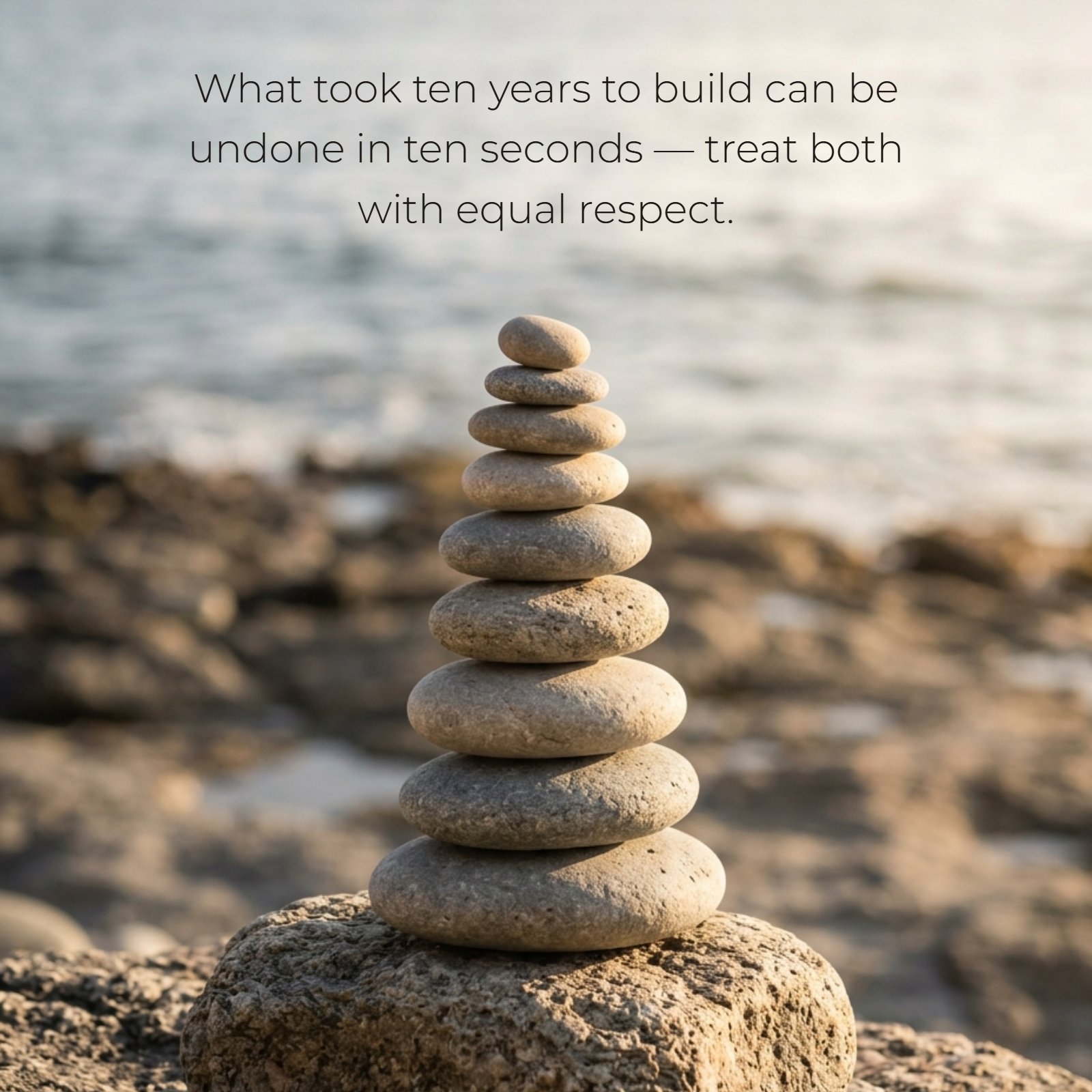 A minimalist vertical photo of a tall, perfectly balanced stack of ten smooth stones on a weathered rock. The soft, warm light highlights the textures. Below the stones is the quote: "What took ten years to build can be undone in ten seconds — treat both with equal respect."
