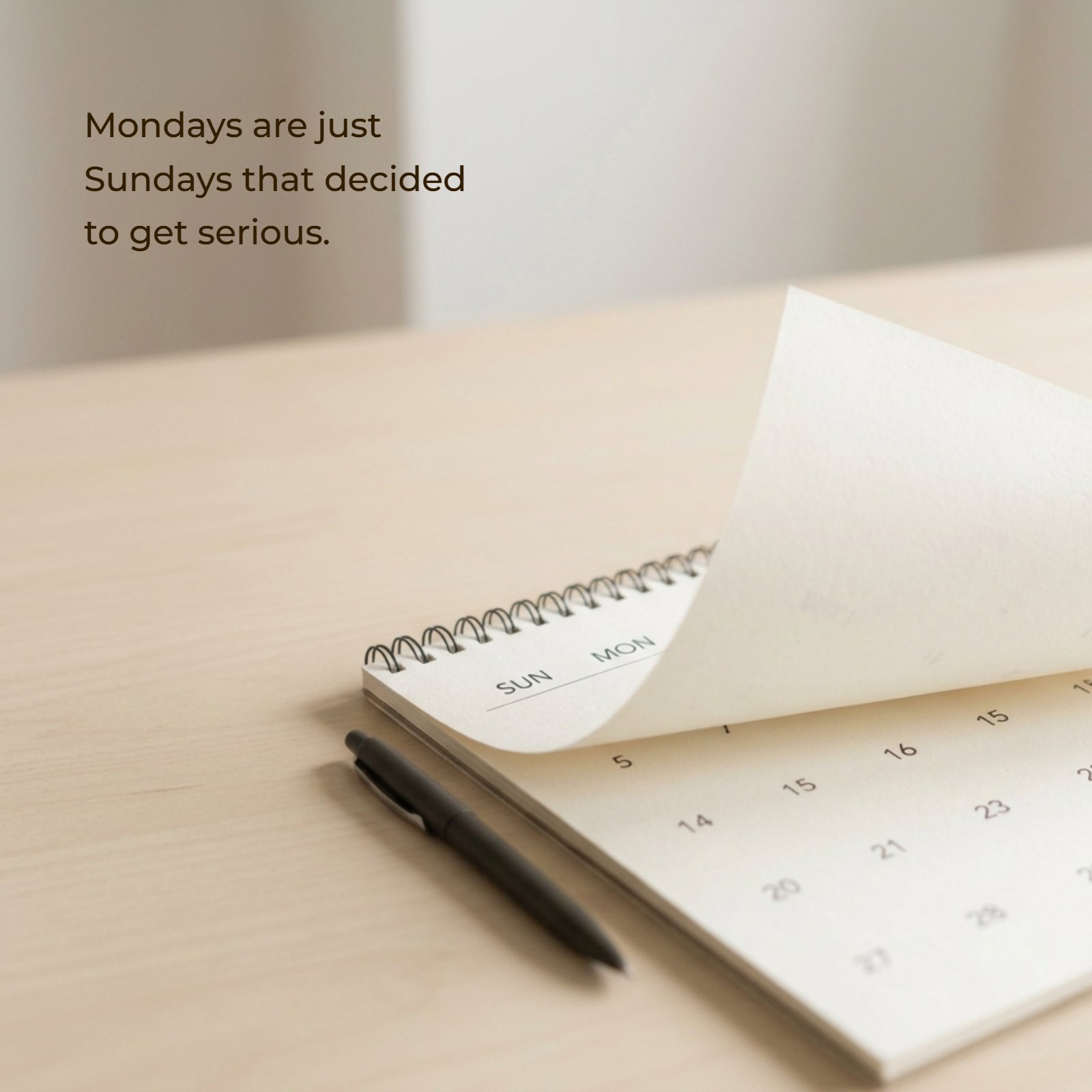 Minimalist image of a calendar page turning, featuring the motivational quote: "Mondays are just Sundays that decided to get serious."