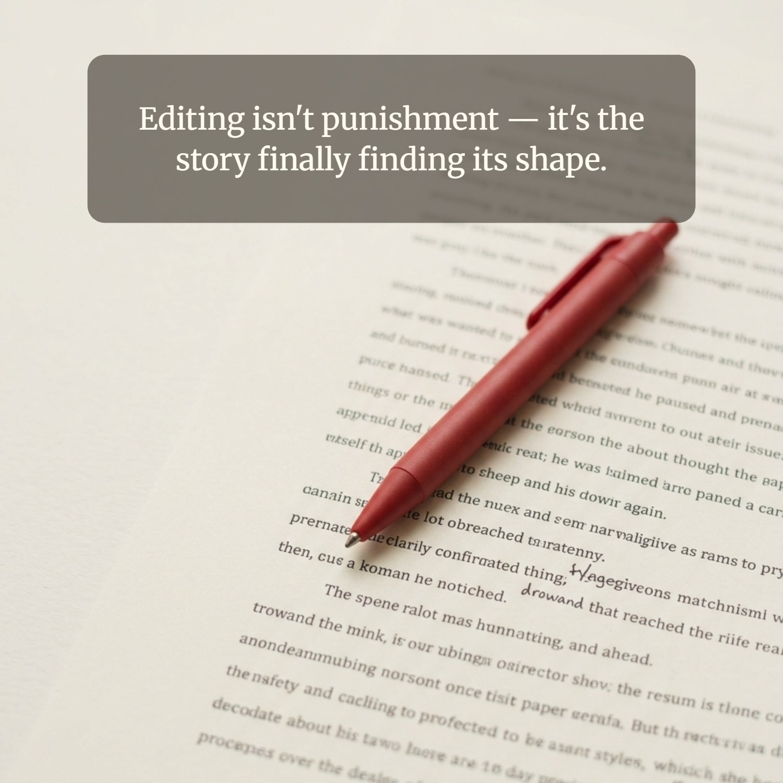 A minimalist photo of a red pen resting on a manuscript page, featuring the quote, “Editing isn't punishment — it's the story finally finding its shape.”
