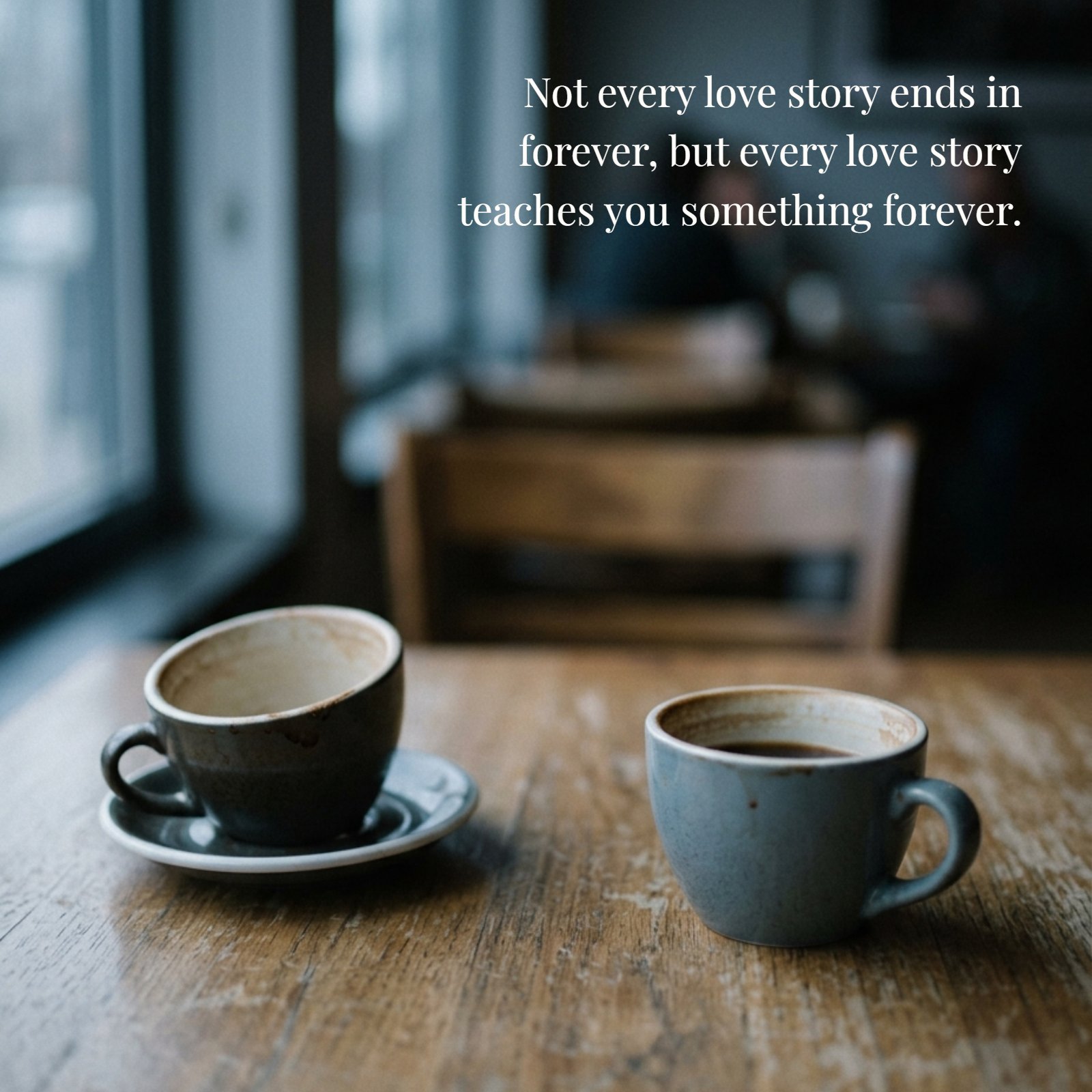 A blurry, vertical photo in cool, muted grey-blue light captures two coffee cups on a table. Overlaid in elegant text is the breakup quote, “Not every love story ends in forever, but every love story teaches you something forever.”