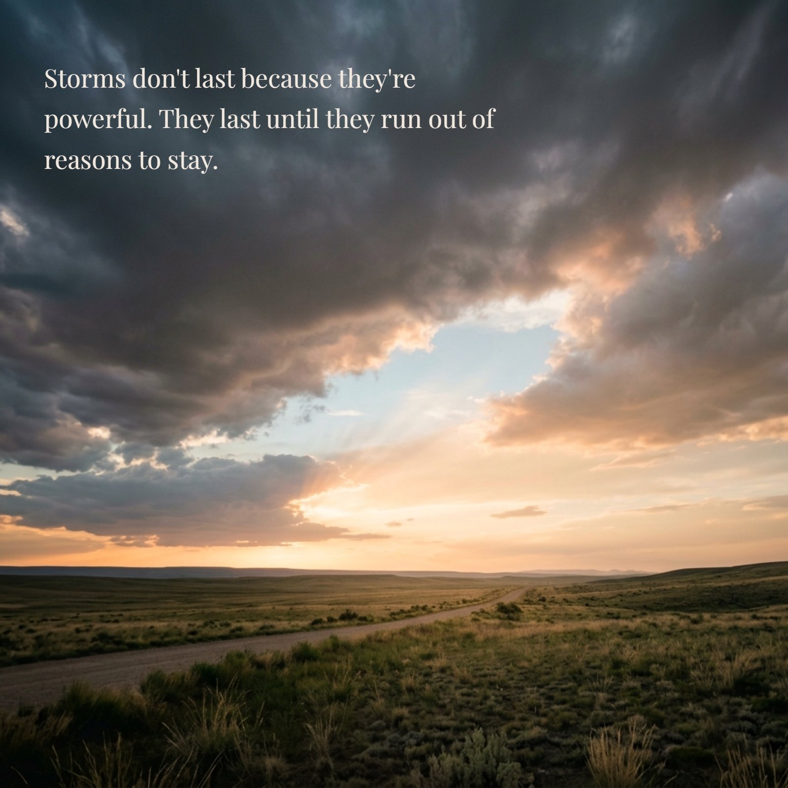 Minimal photo of dramatic storm clouds parting to reveal golden light over a field, with the white text overlay of the quote, Storms don't last because they're powerful. They last until they run out of reasons to stay.