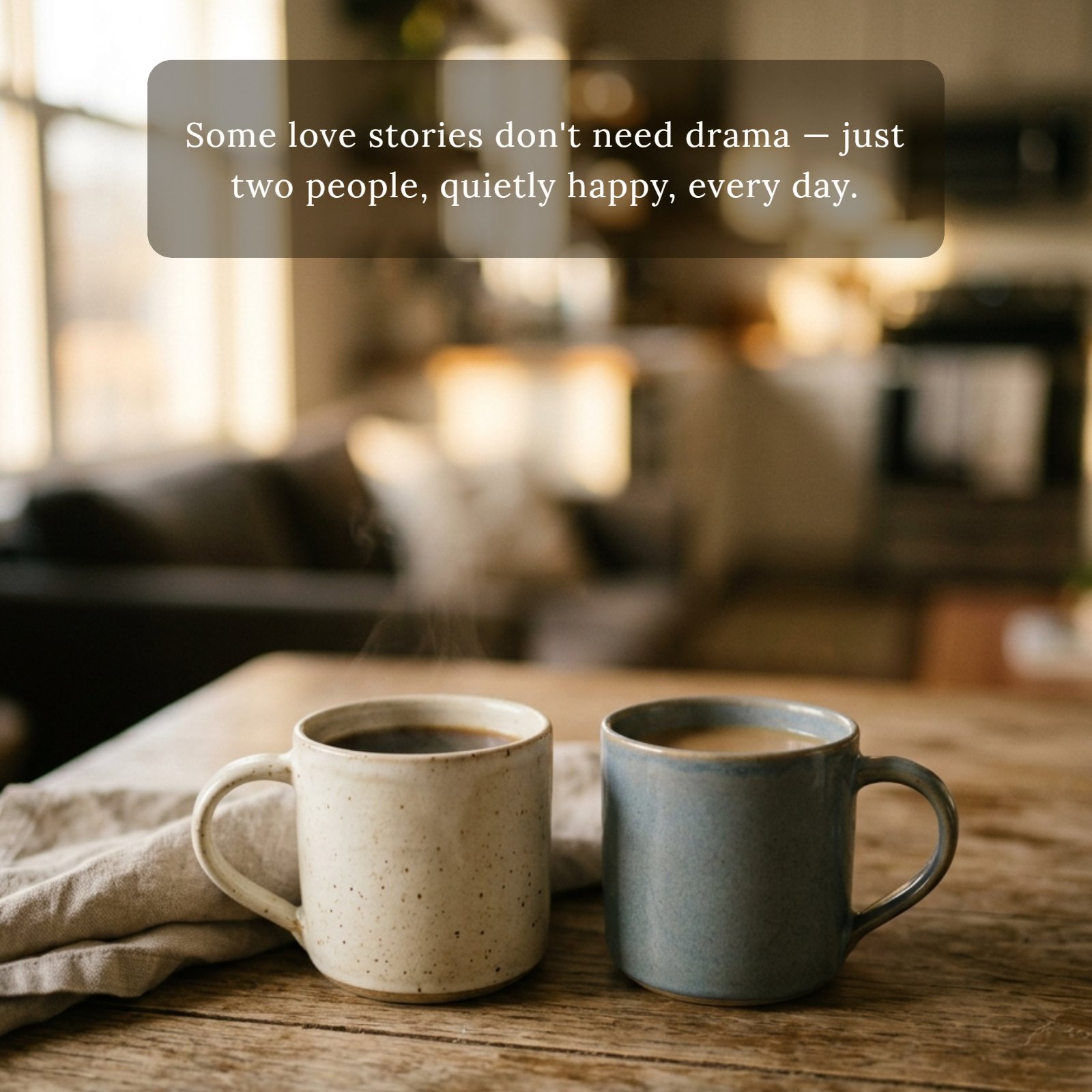 minimalist photo of two steaming coffee mugs on a rustic wooden table in a sunlit kitchen, featuring the quote "Some love stories don't need drama — just two people, quietly happy, every day."