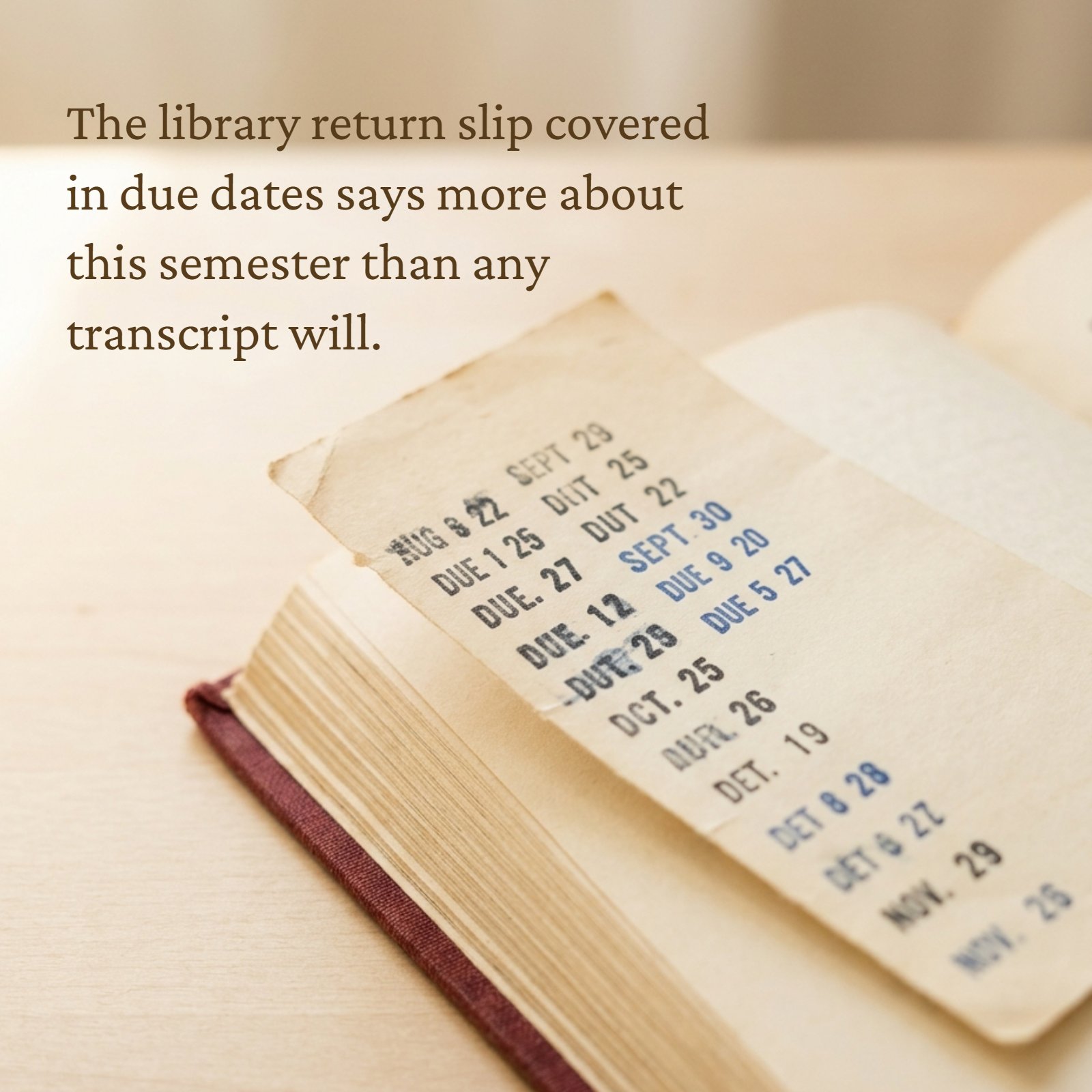 A minimalist photo of a well-worn library book resting on a wooden surface. A vintage library due-date slip, densely covered in various inked date stamps, is tucked between its yellowed pages. Positioned in the soft-focus upper negative space is the text: 'The library return slip covered in due dates says more about this semester than any transcript will.' The lighting is soft and warm.