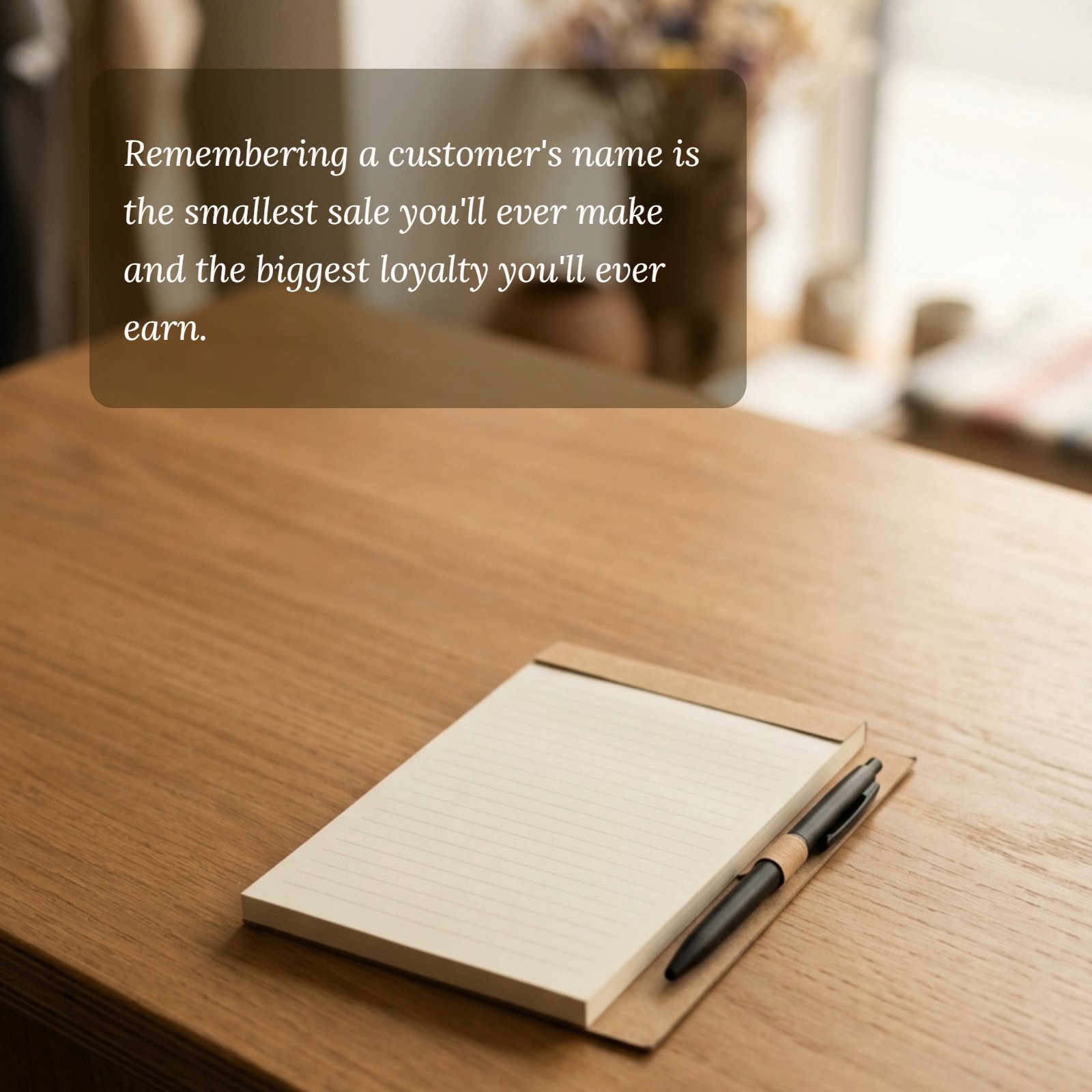 A photo of a rustic wooden shop counter with a notepad and pen, overlaid with the quote "Remembering a customer's name is the smallest sale you'll ever make and the biggest loyalty you'll ever earn."
