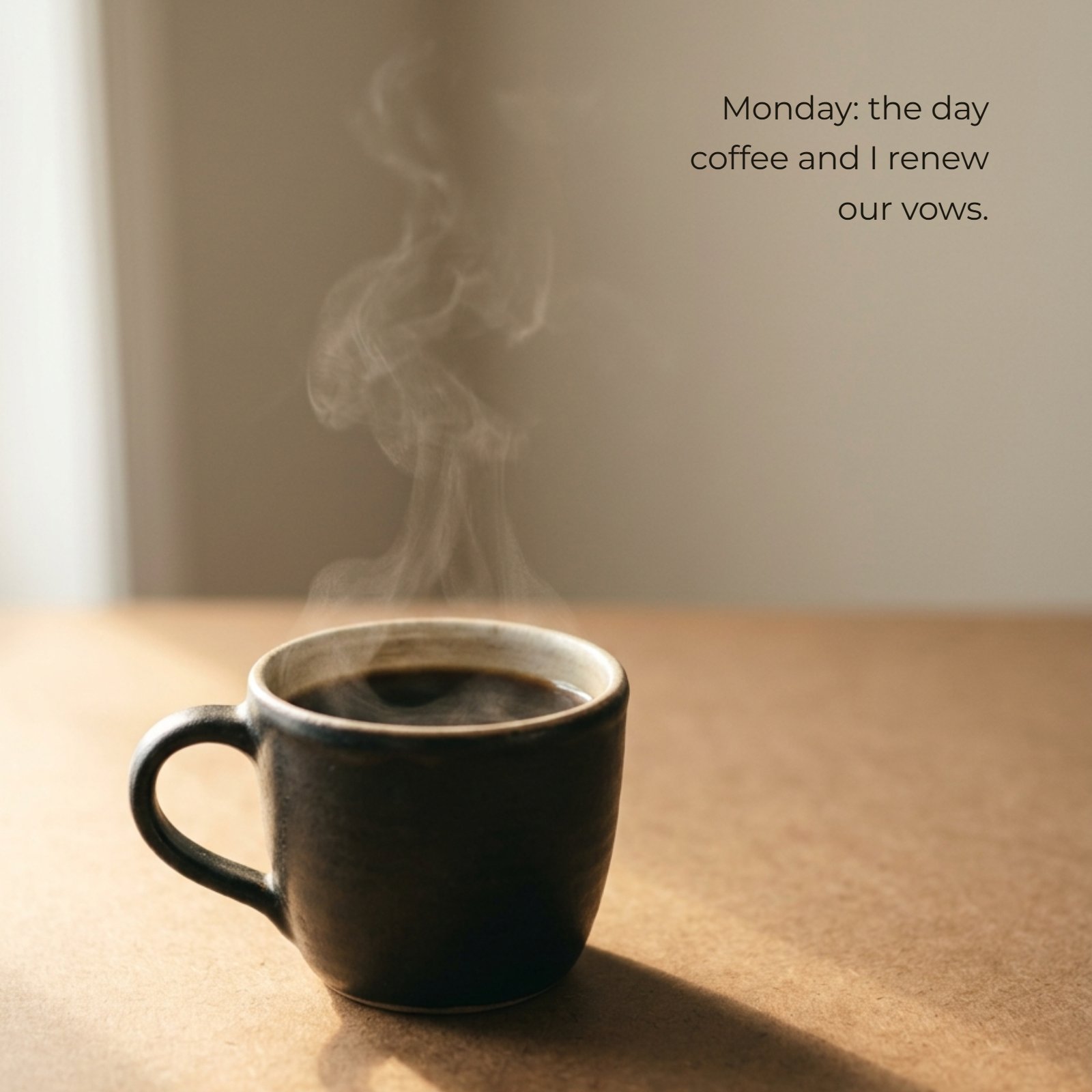 Minimalist 1:1 photo of a steaming dark ceramic coffee cup on a plain desk with soft morning light, featuring the quote text: Monday: the day coffee and I renew our vows.
