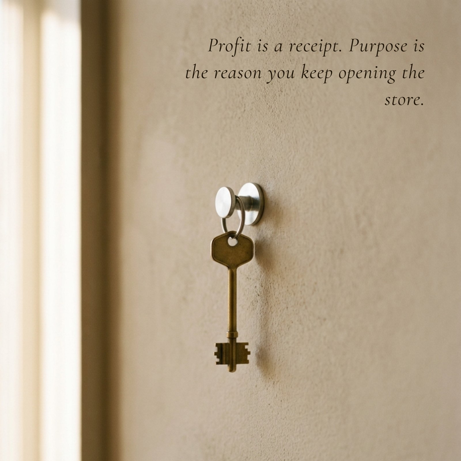 A minimalist photo of a single key on a hook, symbolizing opening a business. Overlaid text says "Profit is a receipt. Purpose is the reason you keep opening the store."