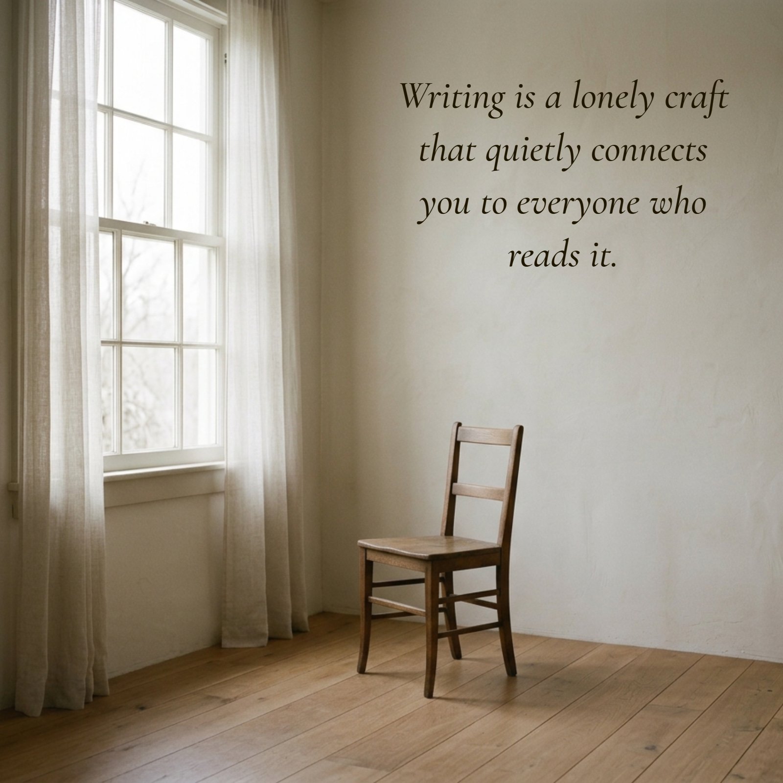 Minimalist 1:1 image of an empty vintage wooden chair beside a large window with soft daylight filtering through sheer curtains in an otherwise empty, plain neutral-toned room.