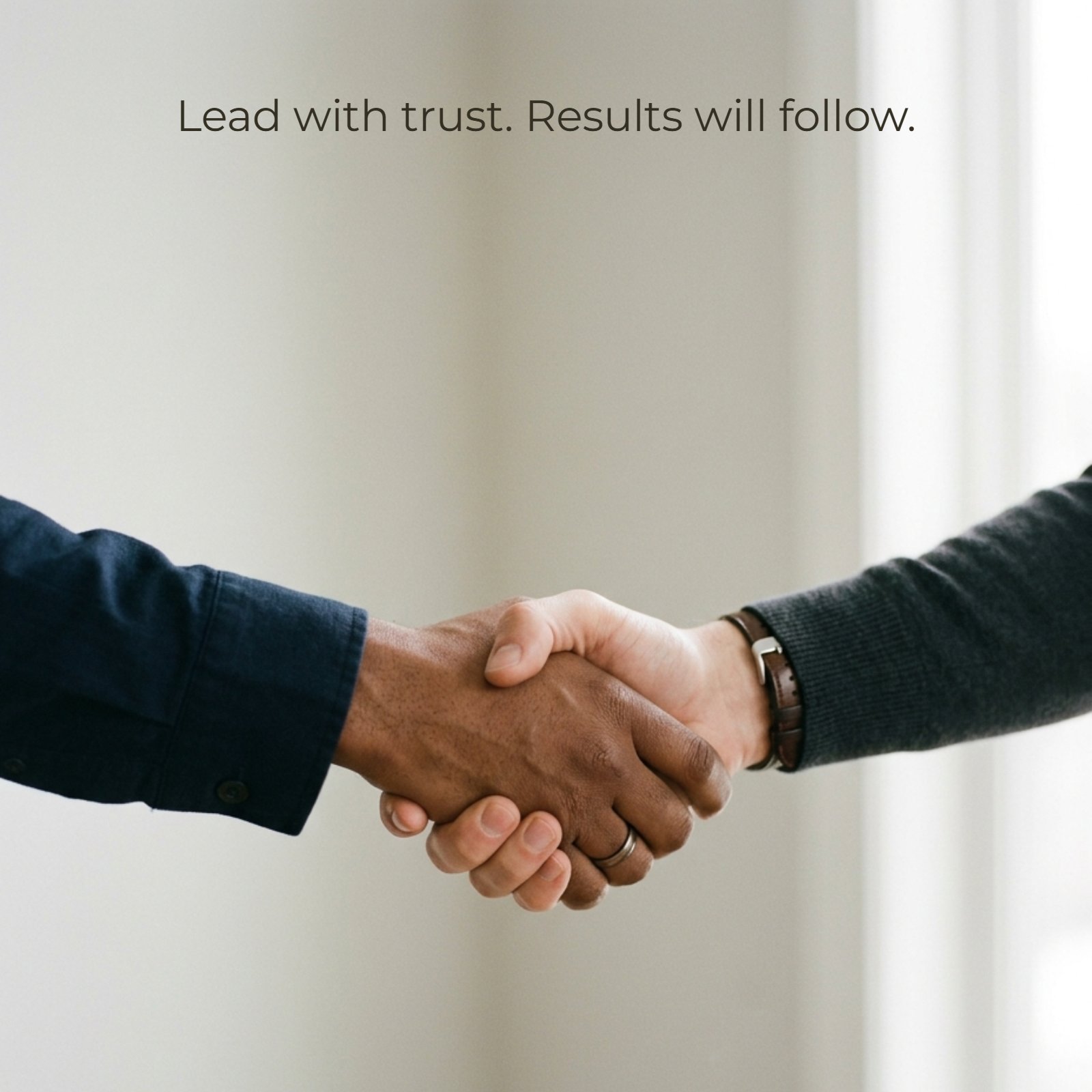 A minimalist photo of a handshake between two people, illustrating the theme of trust and collaboration in leadership. The background is a plain wall with a window, providing clean negative space.