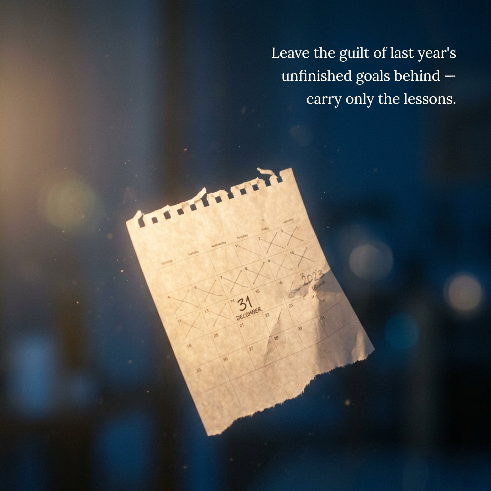 A minimalist image of a torn calendar page from December floating in soft, warm light against a blurred dark blue background, featuring the quote: Leave the guilt of last year's unfinished goals behind — carry only the lessons.