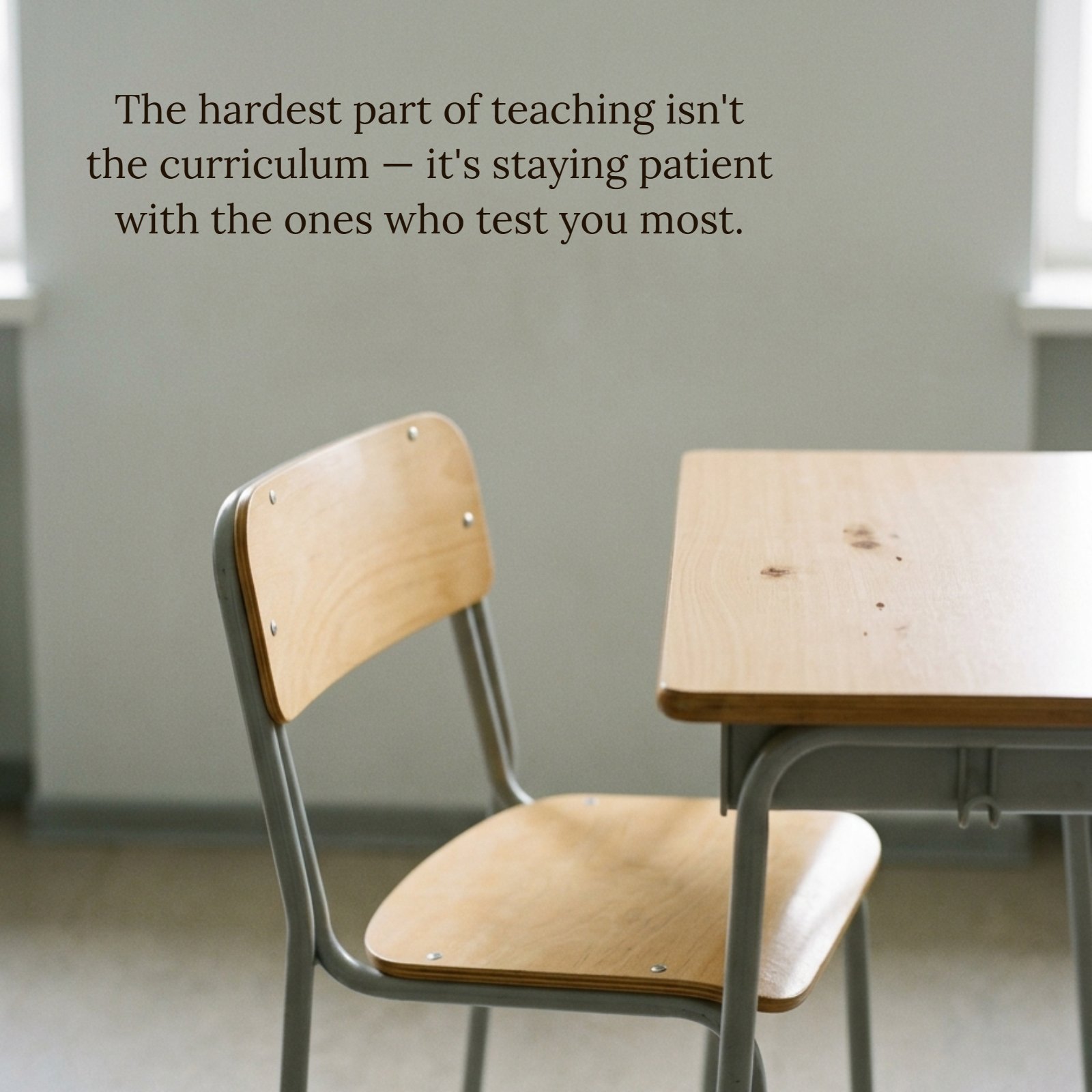 Minimalist photo of a single classroom chair pushed away from a desk. Text overlay reads: 'The hardest part of teaching isn't the curriculum — it's staying patient with the ones who test you most.'