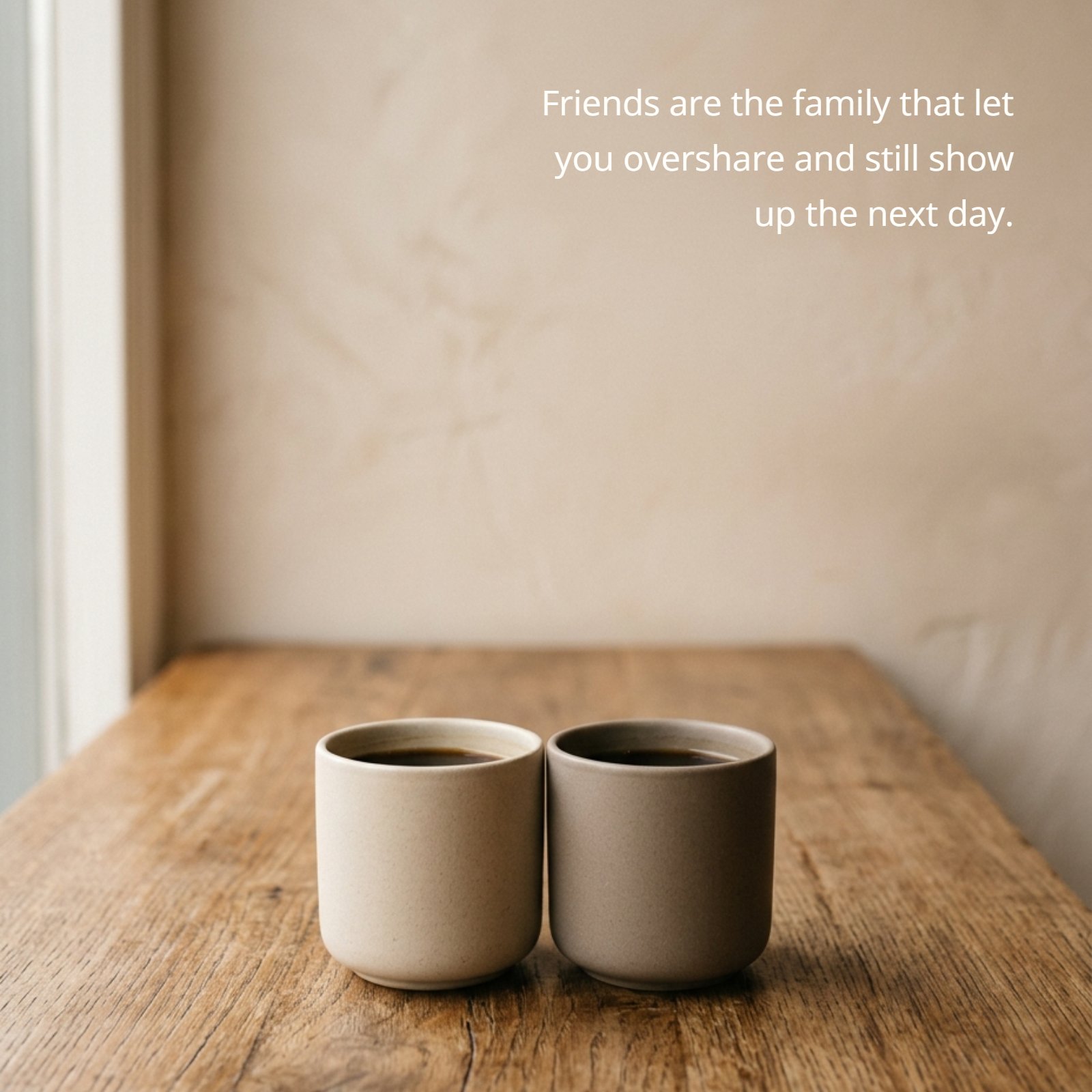A minimalist 1:1 photograph of two simple ceramic coffee cups on a wooden table, featuring the quote: Friends are the family that let you overshare and still show up the next day.