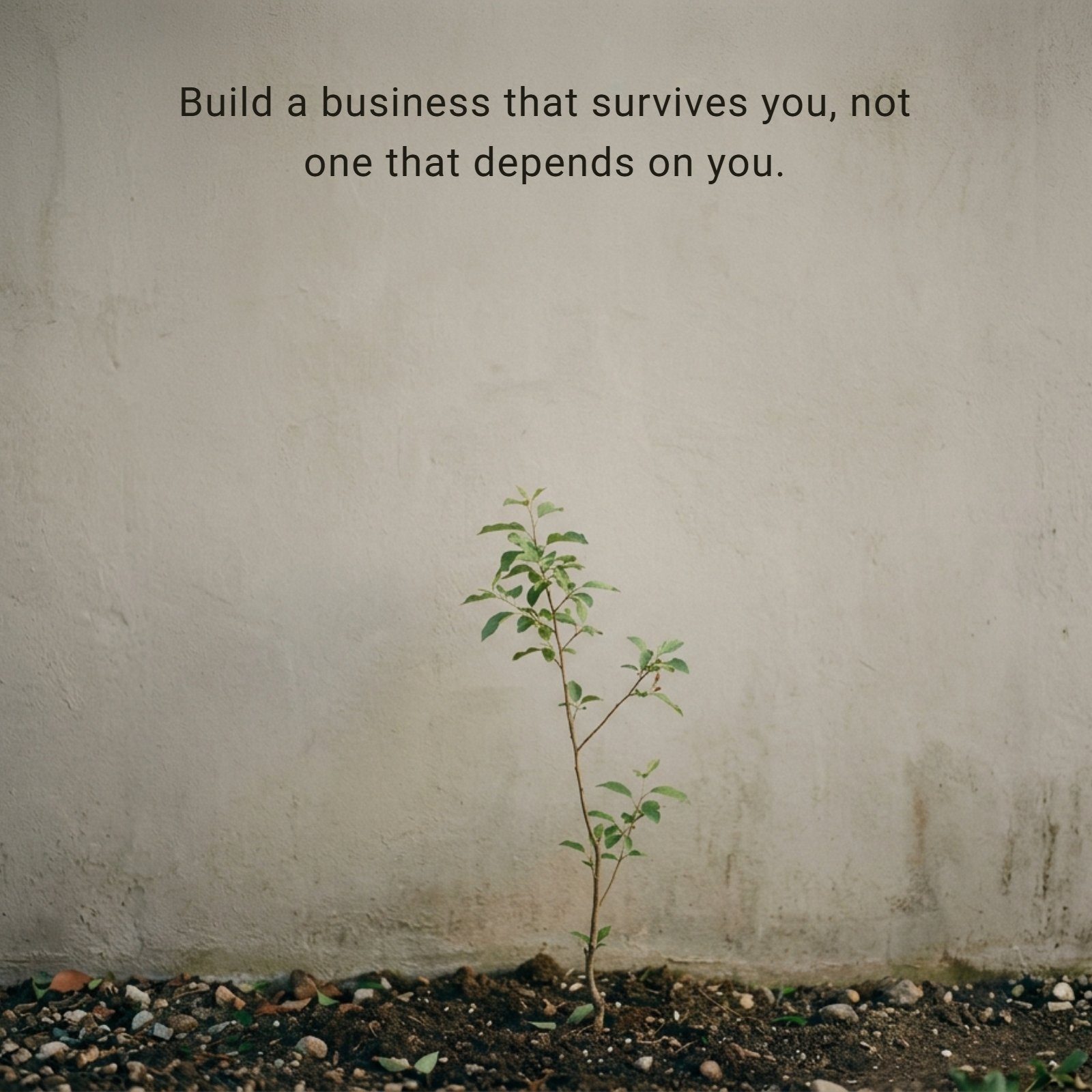 A serene minimalist landscape featuring a young sapling against a soft, textured wall, illustrating the quote 'Build a business that survives you, not one that depends on you.'