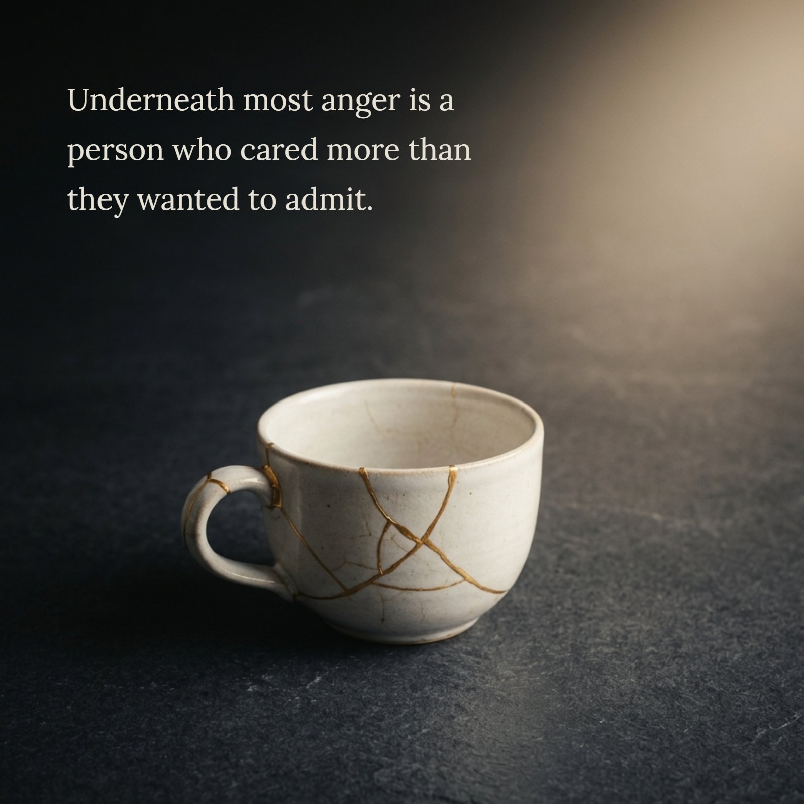 Minimalist 1:1 square photo of a cream-colored ceramic cup repaired with gold lacquer seams (Kintsugi style) on a dark slate surface with warm spotlight. Overlaid text: “Underneath most anger is a person who cared more than they wanted to admit.”