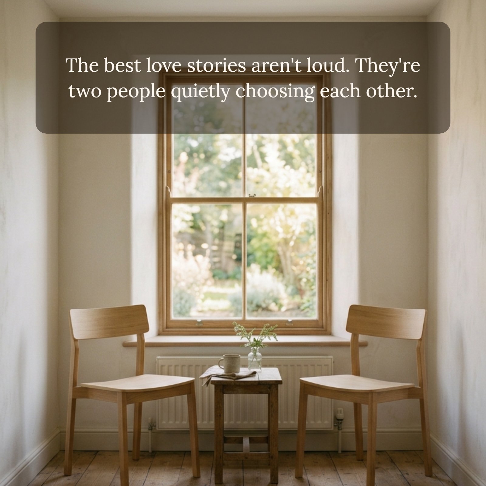 Minimalist image of two plain wooden chairs facing each other by a sunlit window, representing quiet connection, with the text overlay: 'The best love stories aren't loud. They're two people quietly choosing each other.'