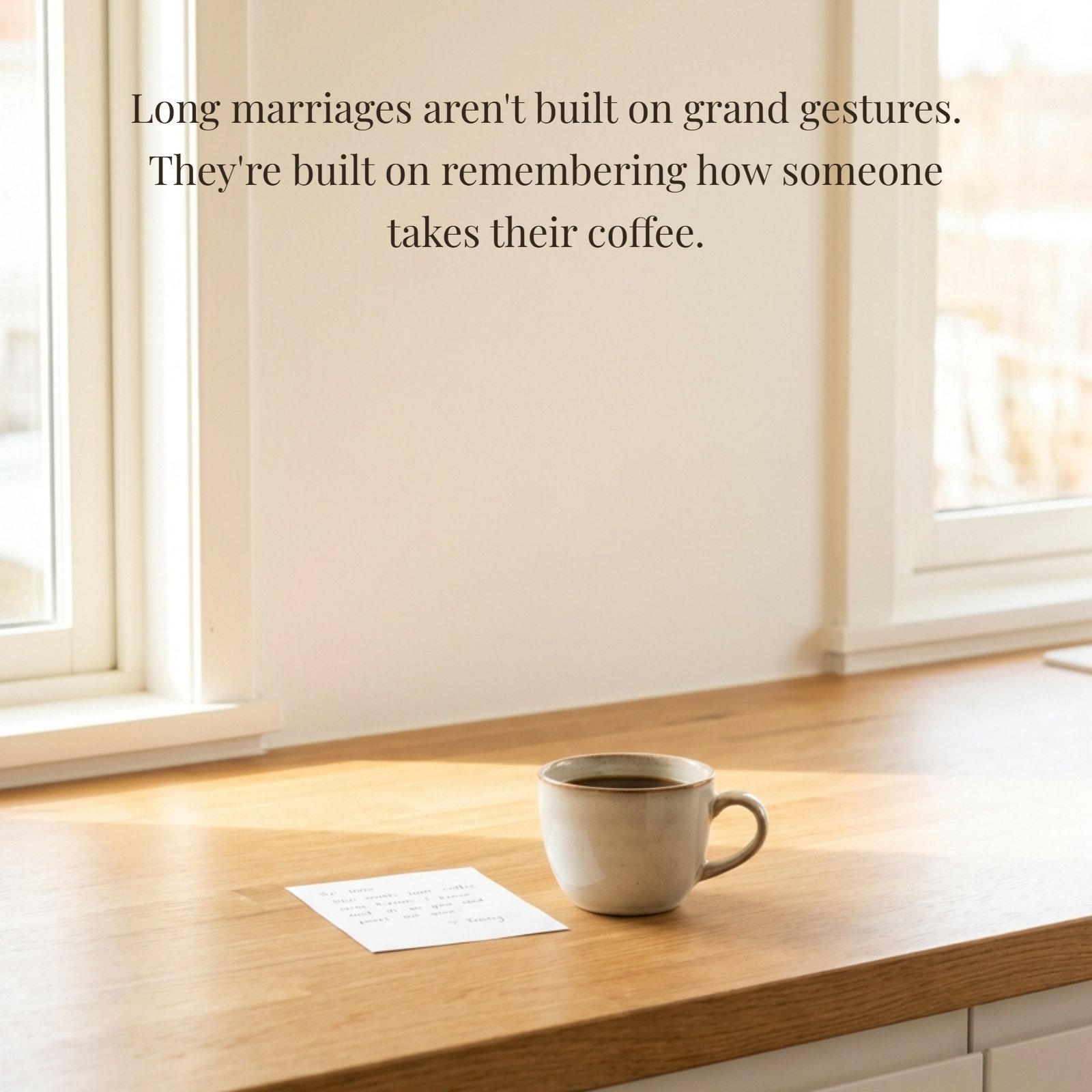 A bright kitchen counter with a coffee cup and note, featuring the quote 'Long marriages aren't built on grand gestures. They're built on remembering how someone takes their coffee.'