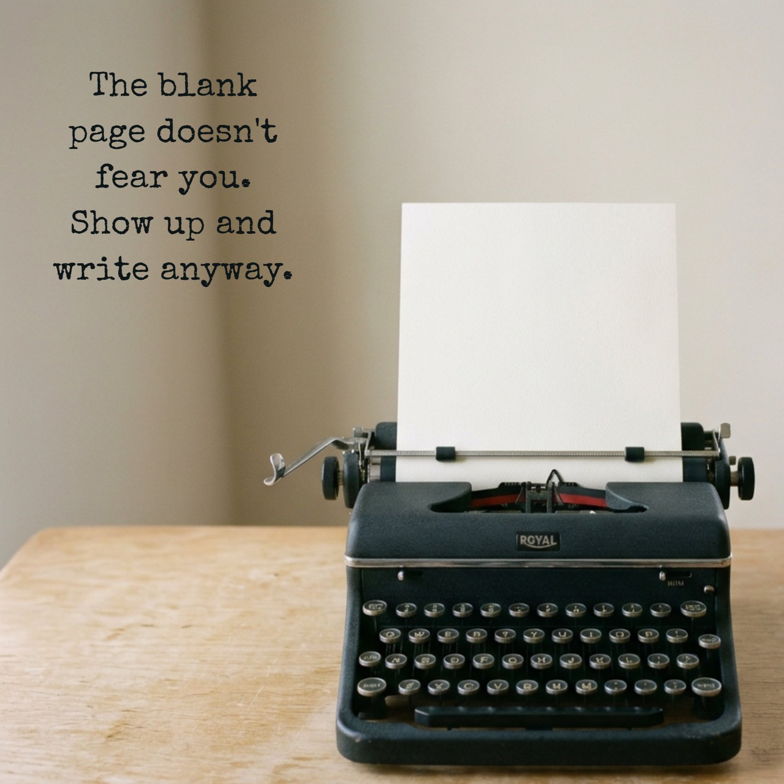 A minimalist photo of a vintage black Royal typewriter on a wooden desk. A single, blank sheet of paper is in the platen. Typed on the paper is the quote: The blank page doesn't fear you. Show up and write anyway.