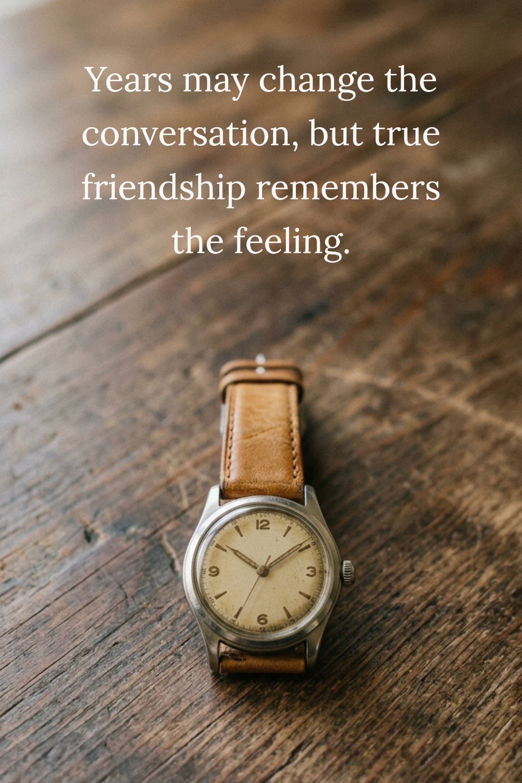 A minimalist, nostalgic portrait of a vintage analog wristwatch with a tan leather strap on a rustic wooden table, featuring the quote 'Years may change the conversation, but true friendship remembers the feeling.' in elegant serif typography in the negative space.