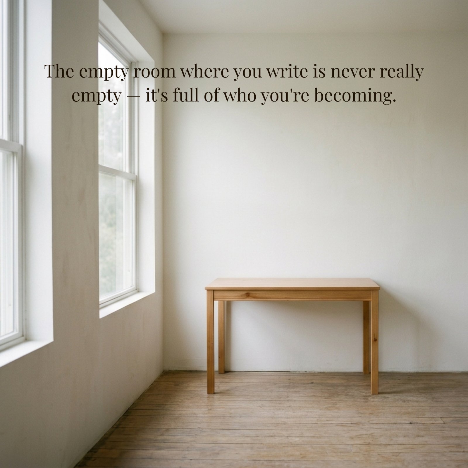 A minimalist photo of a plain wooden desk in a quiet room, featuring the text overlay: 'The empty room where you write is never really empty — it's full of who you're becoming.'