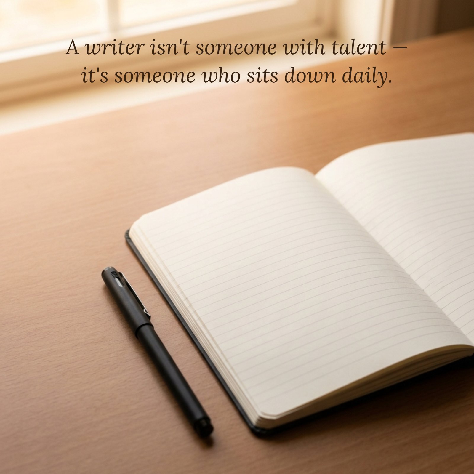 A minimalist photo of a single pen resting beside an open notebook on a plain desk with a writer's quote overlay: “A writer isn't someone with talent — it's someone who sits down daily.”