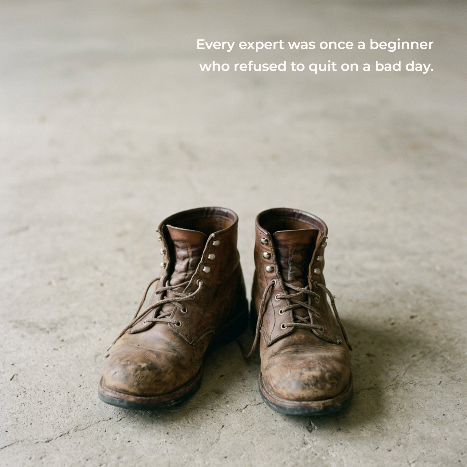 Minimalist photo of a single pair of worn brown leather boots resting on a plain, textured floor, symbolizing perseverance and the long journey of effort and discipline.