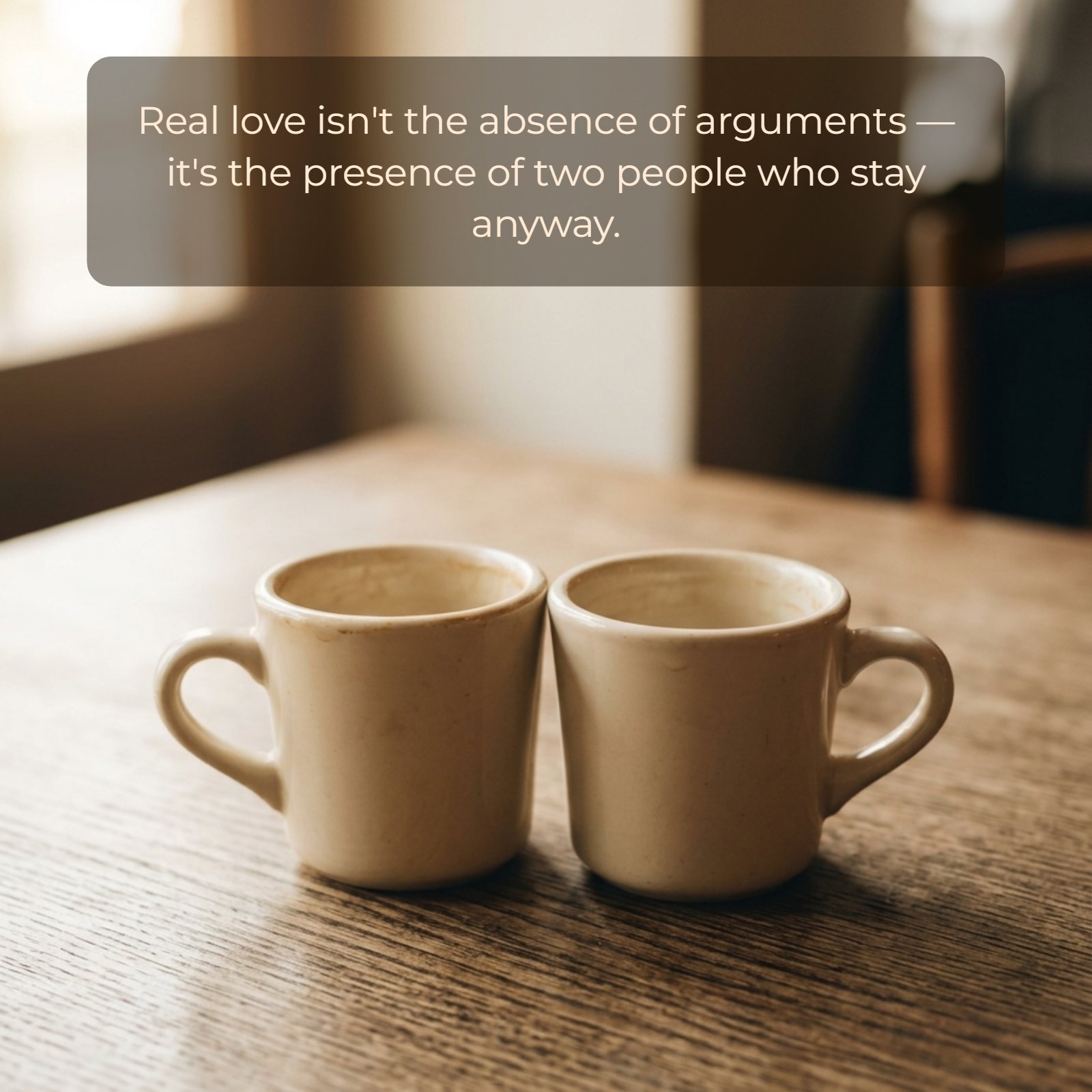 Minimalist 1:1 image of two coffee cups on a wooden table in soft light with the quote “Real love isn't the absence of arguments — it's the presence of two people who stay anyway.” written above them.