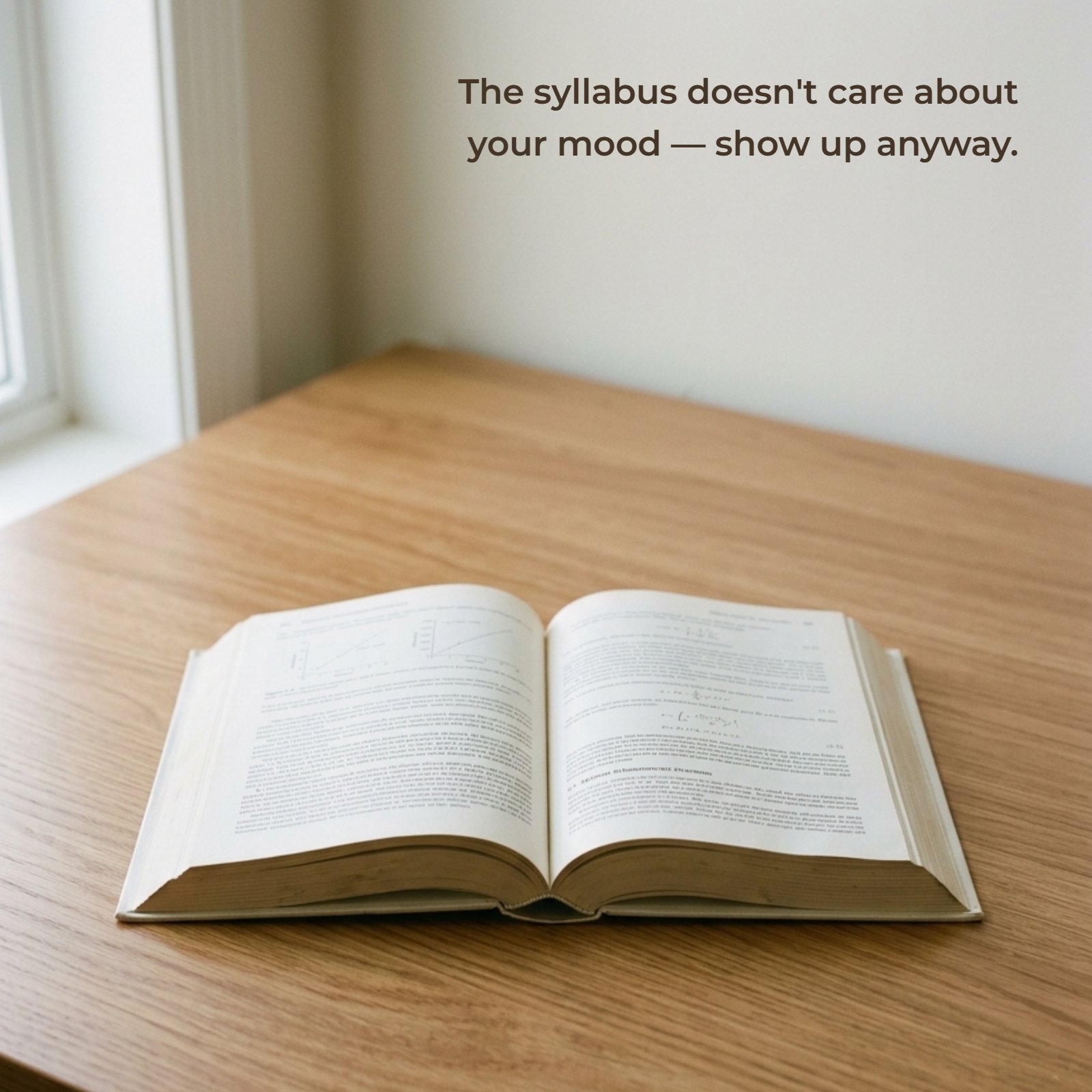 A minimalist photo of an open textbook on a wooden desk. Large text above it reads "The syllabus doesn't care about your mood — show up anyway."