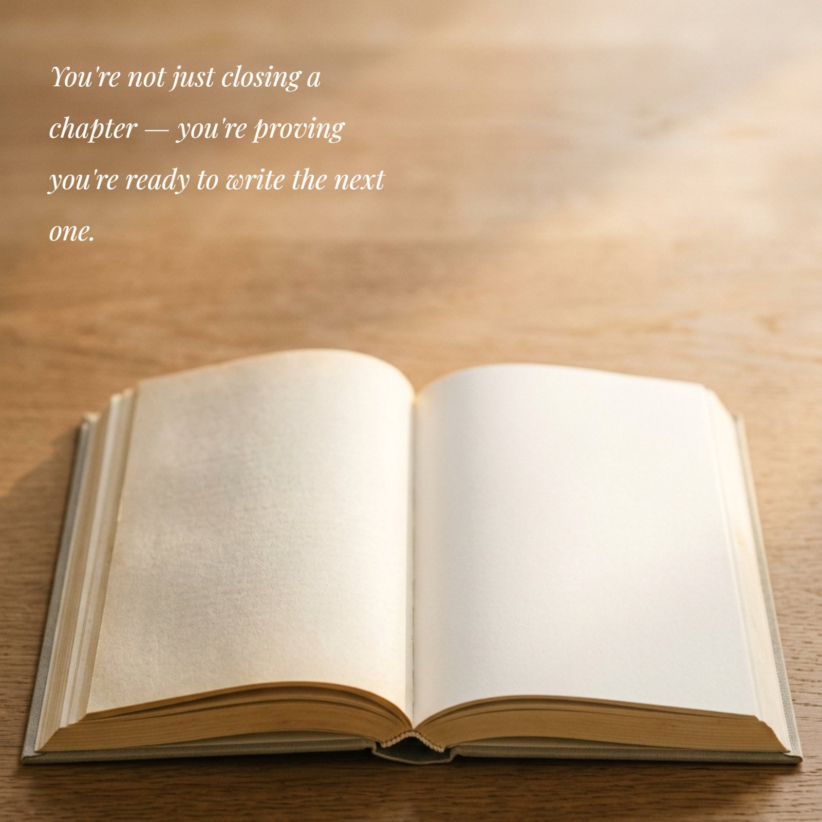 An open, blank book on a rustic wooden desk, symbolizing the graduation quote: "You're not just closing a chapter—you're proving you're ready to write the next one."