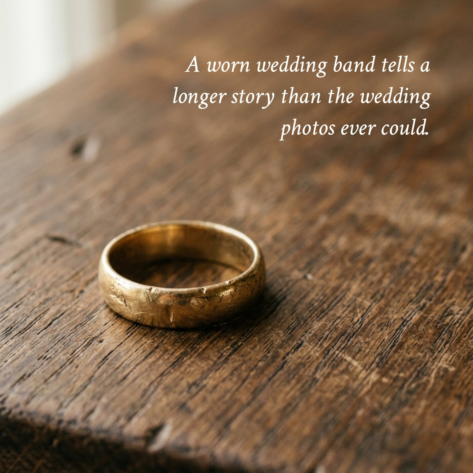 A close-up photograph of a worn gold wedding band on dark wood with the quote "A worn wedding band tells a longer story than the wedding photos ever could" overlayed in white text.