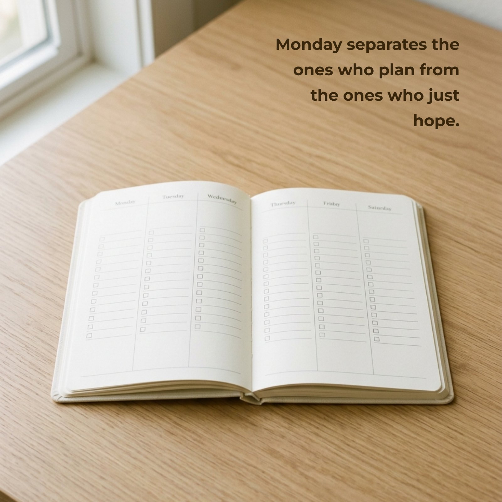 An open minimalist weekly planner with empty checklists is set on a light wood desk. The phrase 'Monday separates the ones who plan from the ones who just hope' is written in modern white text above the journal.