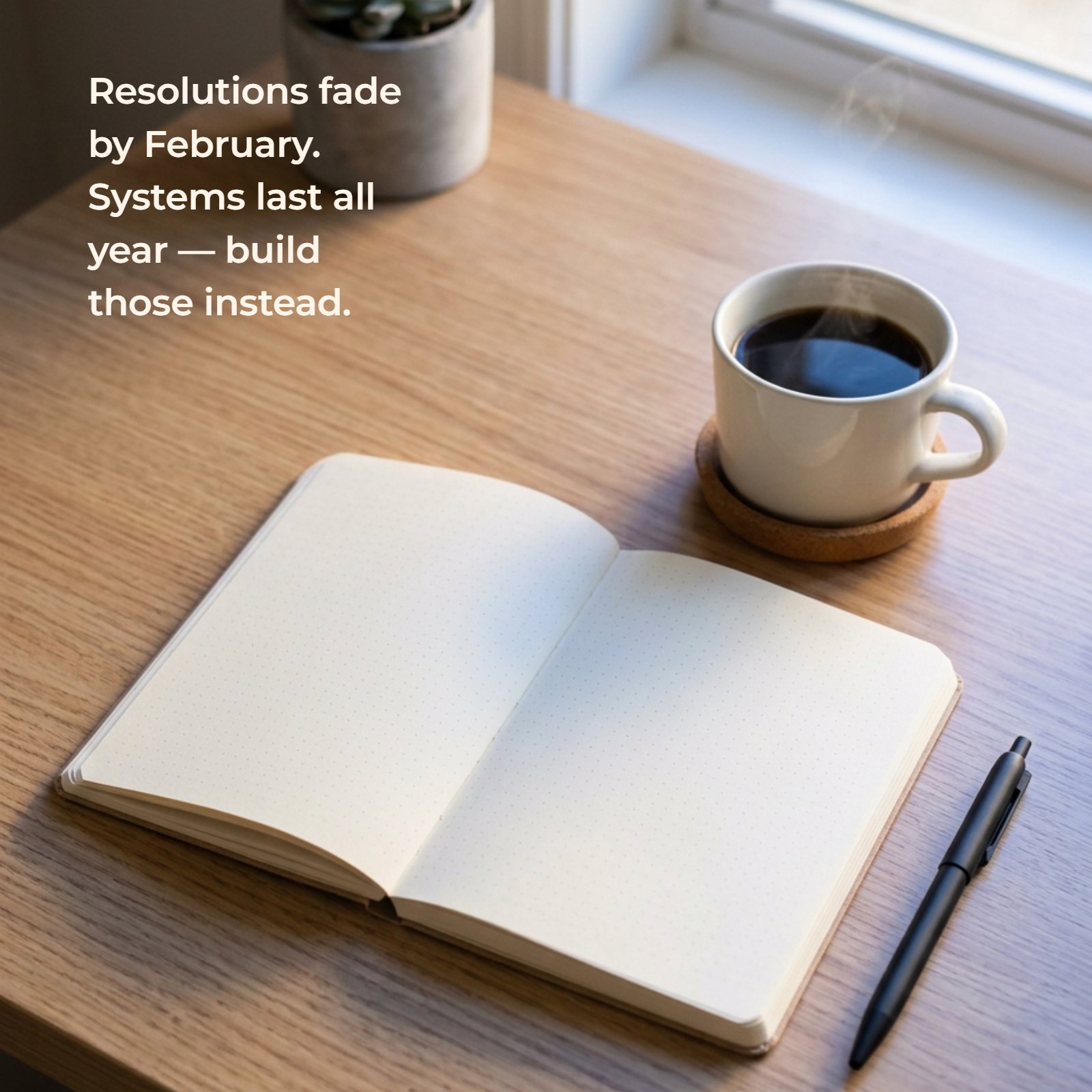 A minimalist wooden desk scene featuring an open blank notebook, a cup of hot coffee on a coaster, a pen, and a succulent plant in a concrete pot by a window with natural morning light. The quote "Resolutions fade by February. Systems last all year — build those instead." is overlaid on the upper left side of the notebook page in a dark grey, sans-serif font.