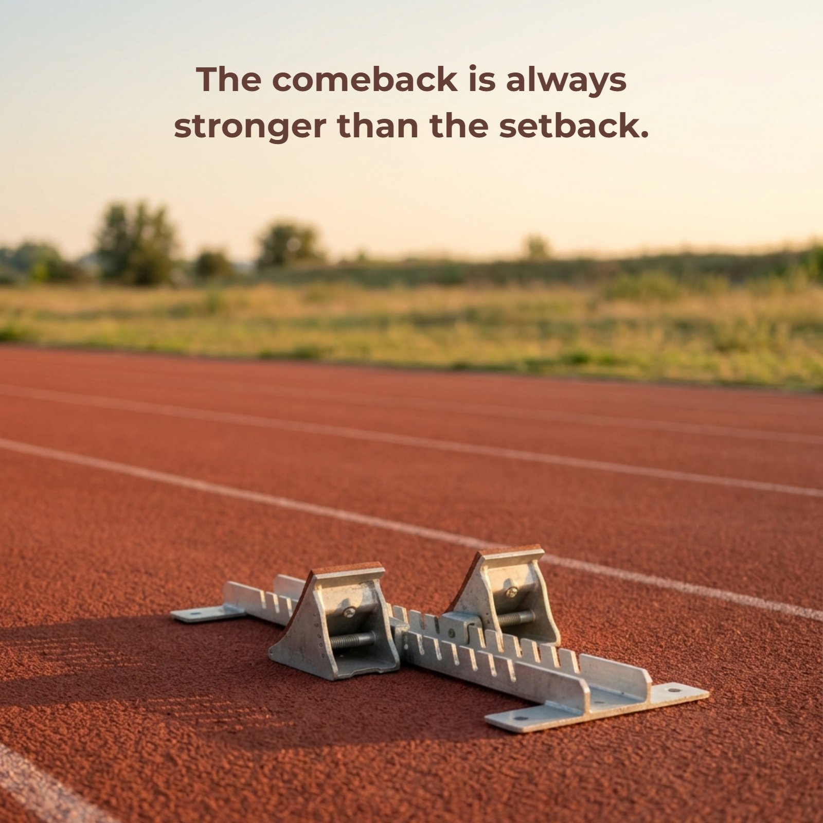 Minimalist 1:1 photograph of a single metal starting block positioned on a red athletic track during the soft, warm light of early morning, representing readiness for a comeback.