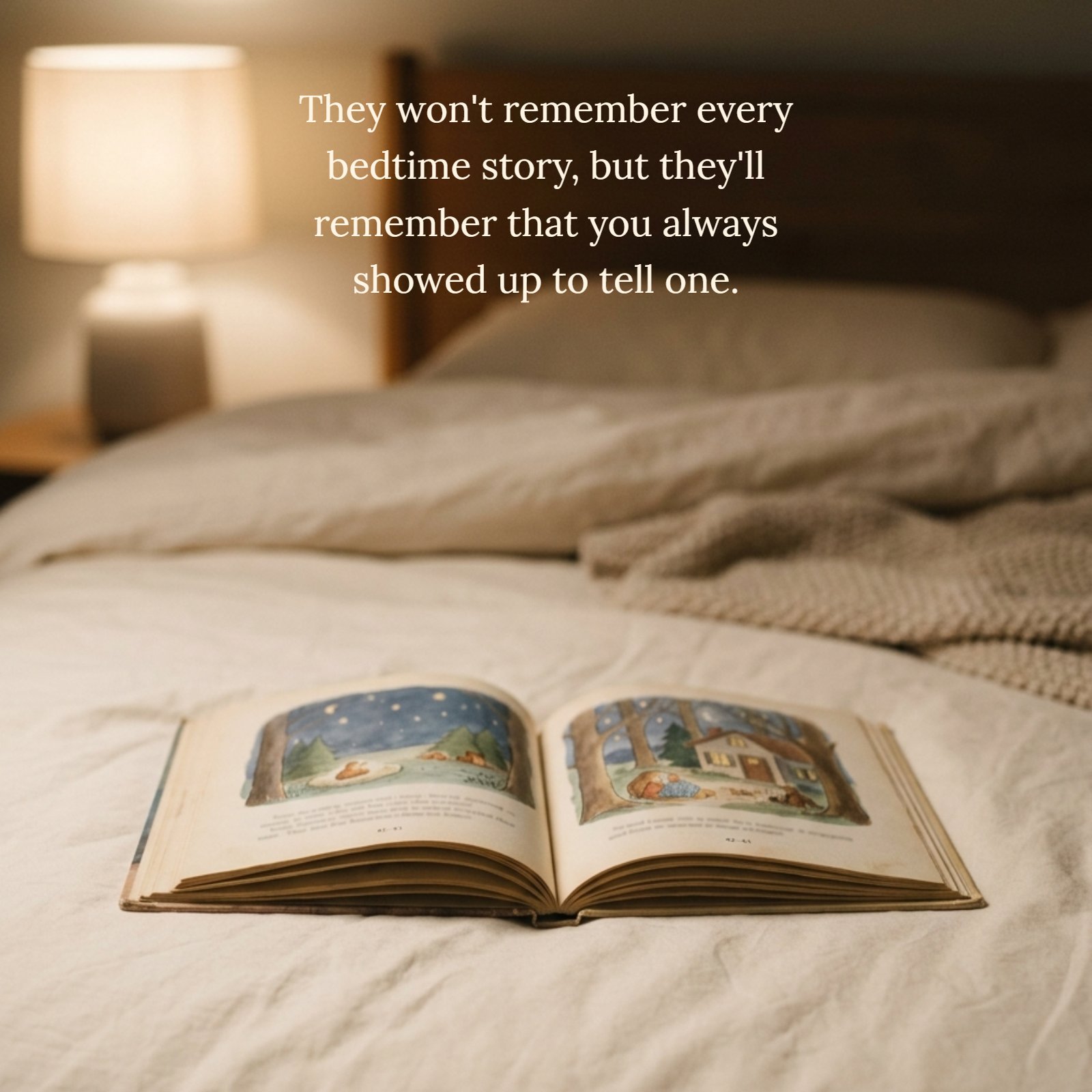 A minimalist photograph of an open vintage storybook on a tidy bed, illuminated by soft lamp light, with the text overlay: 'They won't remember every bedtime story, but they'll remember that you always showed up to tell one.'