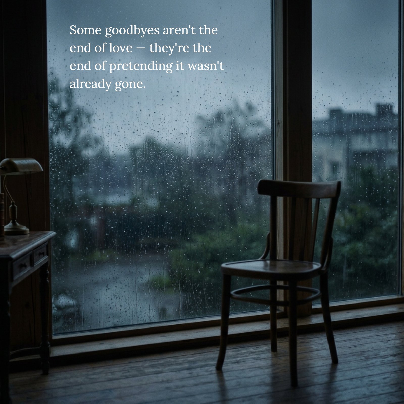 Melancholic photograph of a single wooden chair near a window covered in rain streaks with deep blue-grey tones. Text overlay reads: Some goodbyes aren't the end of love — they're the end of pretending it wasn't already gone.