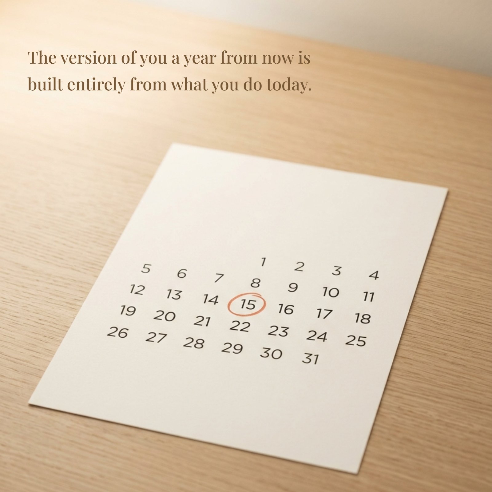 Minimalist photo of a single calendar page on a wood desk with a date circled and the quote "The version of you a year from now is built entirely from what you do today."