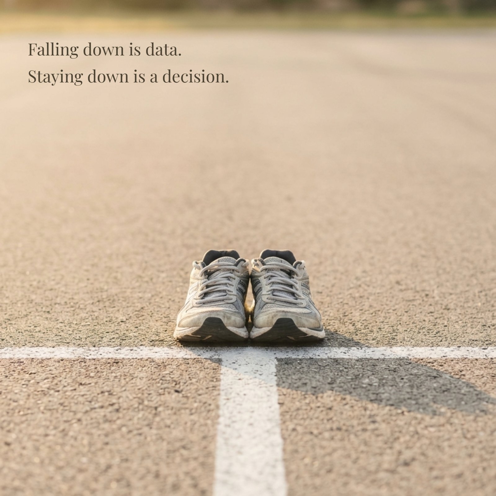 A minimalist 1:1 photograph featuring a pair of running shoes at a chalk starting line on plain ground under soft warm light. Overlaid is the text "Falling down is data. Staying down is a decision."
