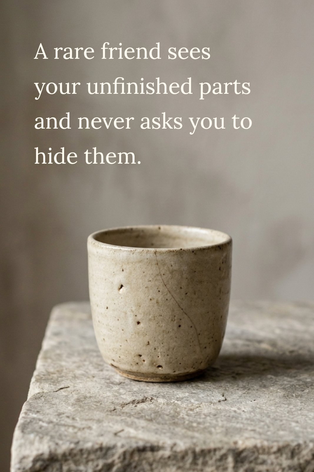 Minimalist photo of an imperfect, cracked beige ceramic cup on a weathered stone ledge, with the text 'A rare friend sees your unfinished parts and never asks you to hide them.' overlaid.