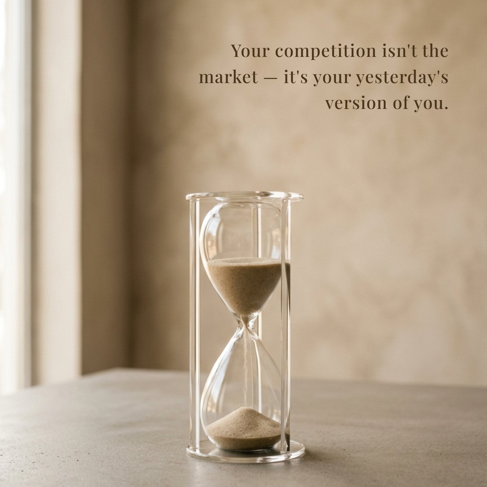 Minimalist photo of a glass hourglass with flowing sand on a textured surface, featuring the text "Your competition isn't the market — it's your yesterday's version of you" in a classic serif font.
