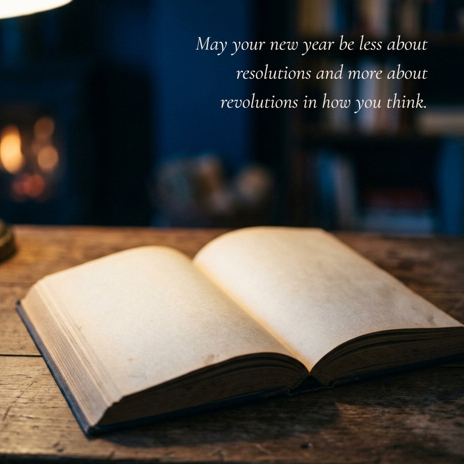 An atmospheric photograph of an open book with warm light shining on blank pages in a dark room, with the quote 'May your new year be less about resolutions and more about revolutions in how you think' overlayed on the right page.