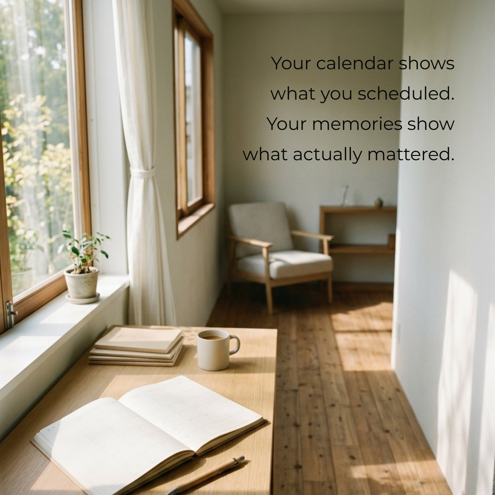 Minimalist home office with a large wall text quote that reads 'Your calendar shows what you scheduled. Your memories show what actually mattered.'