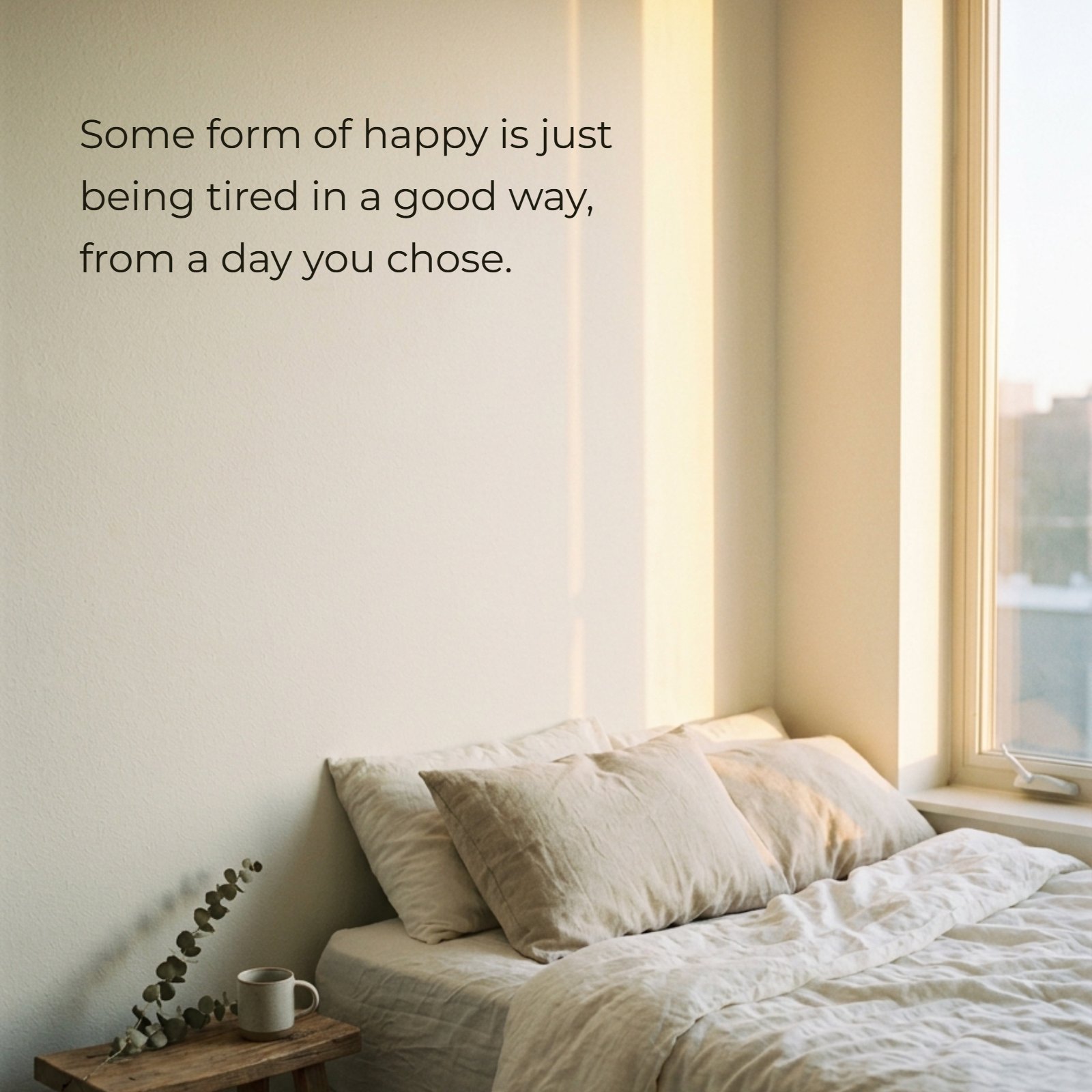 Minimalist bedroom with warm golden hour light on rumpled linen bed. The quote text "Some form of happy is just being tired in a good way, from a day you chose." is positioned in the large, open wall space beside the bed.