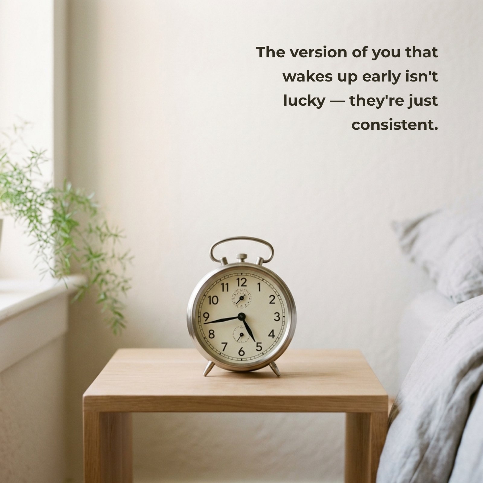 A minimalist photo of an alarm clock sitting on a wooden nightstand in a softly lit bedroom, with the quote 'The version of you that wakes up early isn't lucky — they're just consistent.' layered over the image in clean, bold Montserrat font.