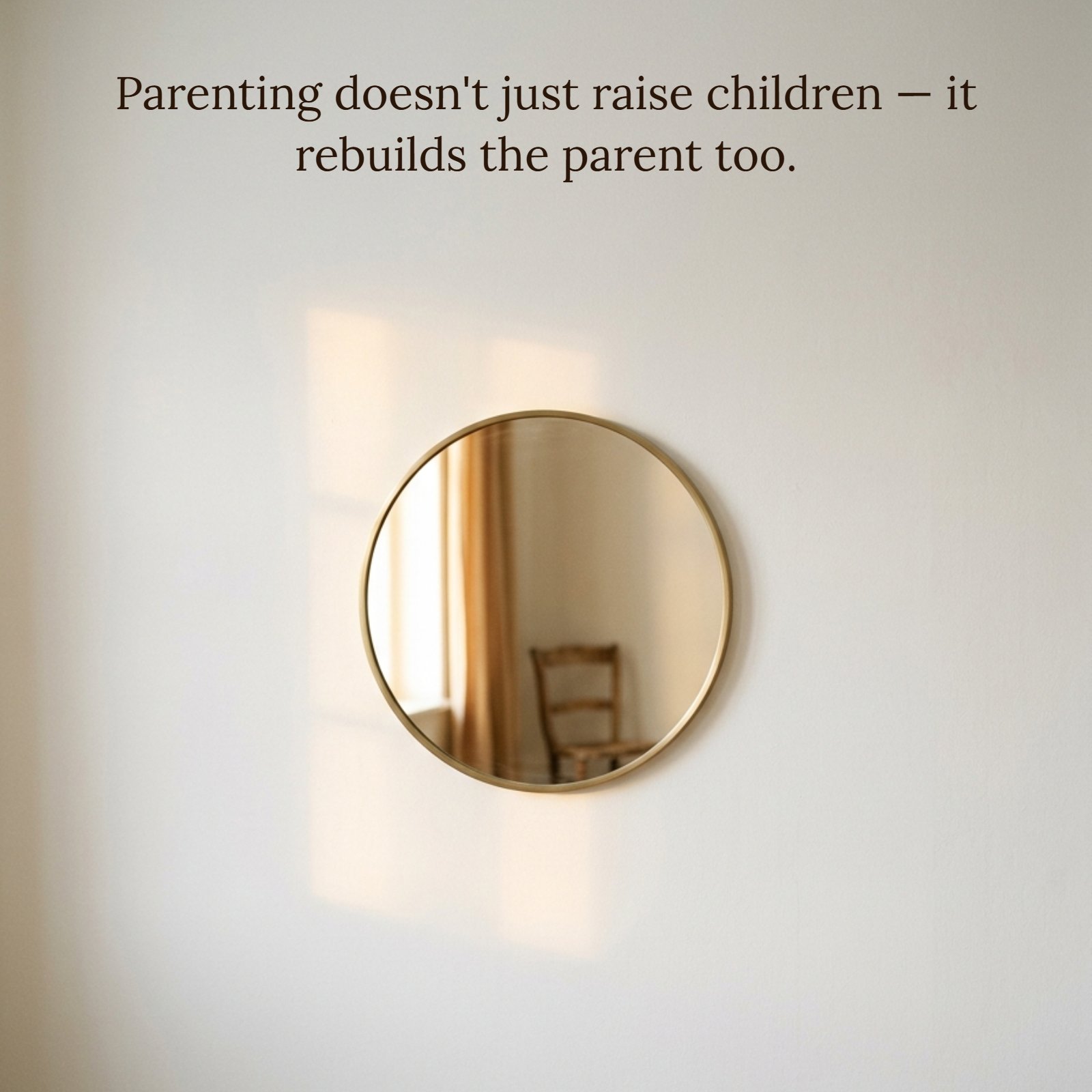 A minimalist vertical photo of a round brass mirror on a plain white wall, reflecting a warm light from a window. Centered below the mirror is the quote: Parenting doesn't just raise children — it rebuilds the parent too.