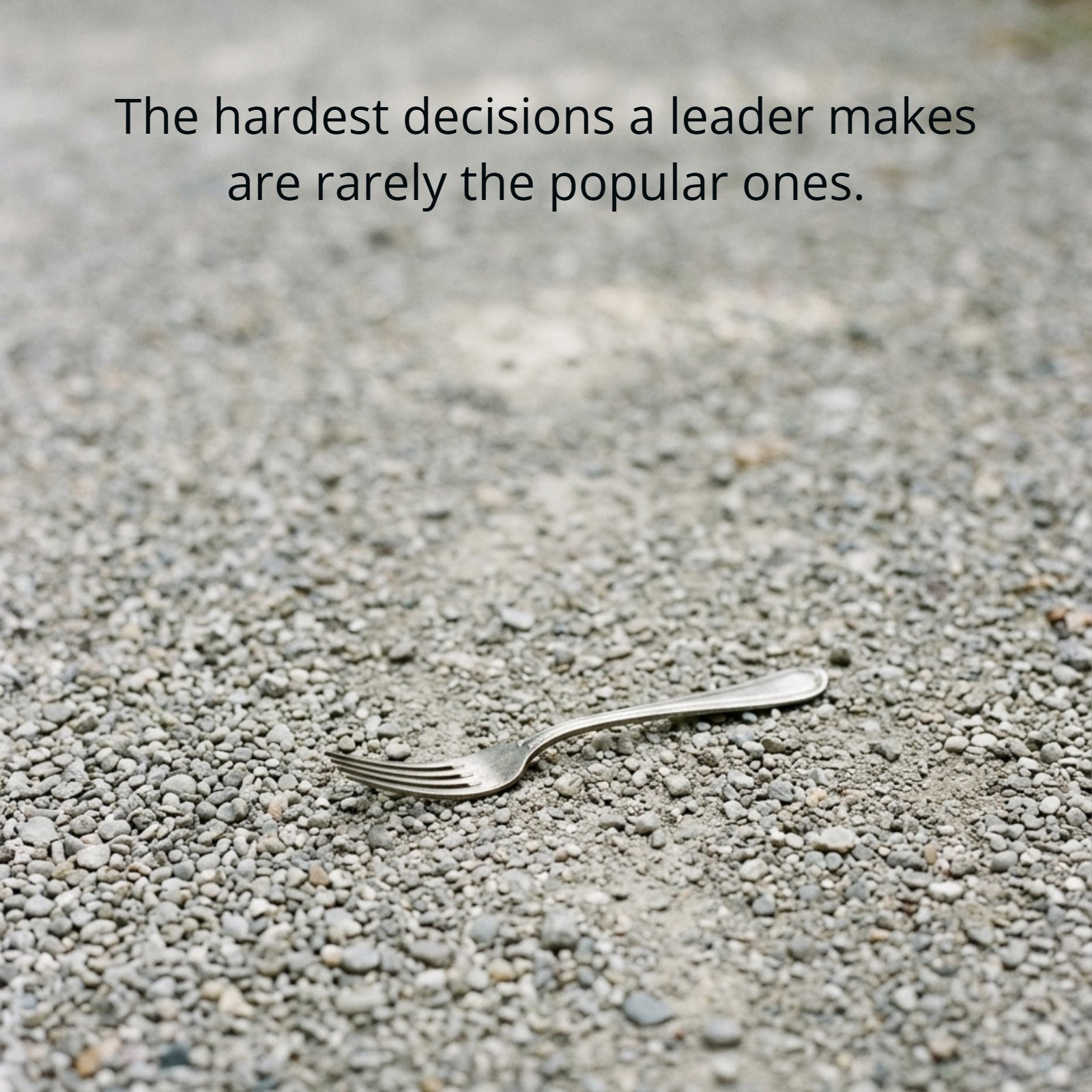 Minimalist image of a single silver fork resting on a textured gravel path, illustrating the quote 'The hardest decisions a leader makes are rarely the popular ones.'